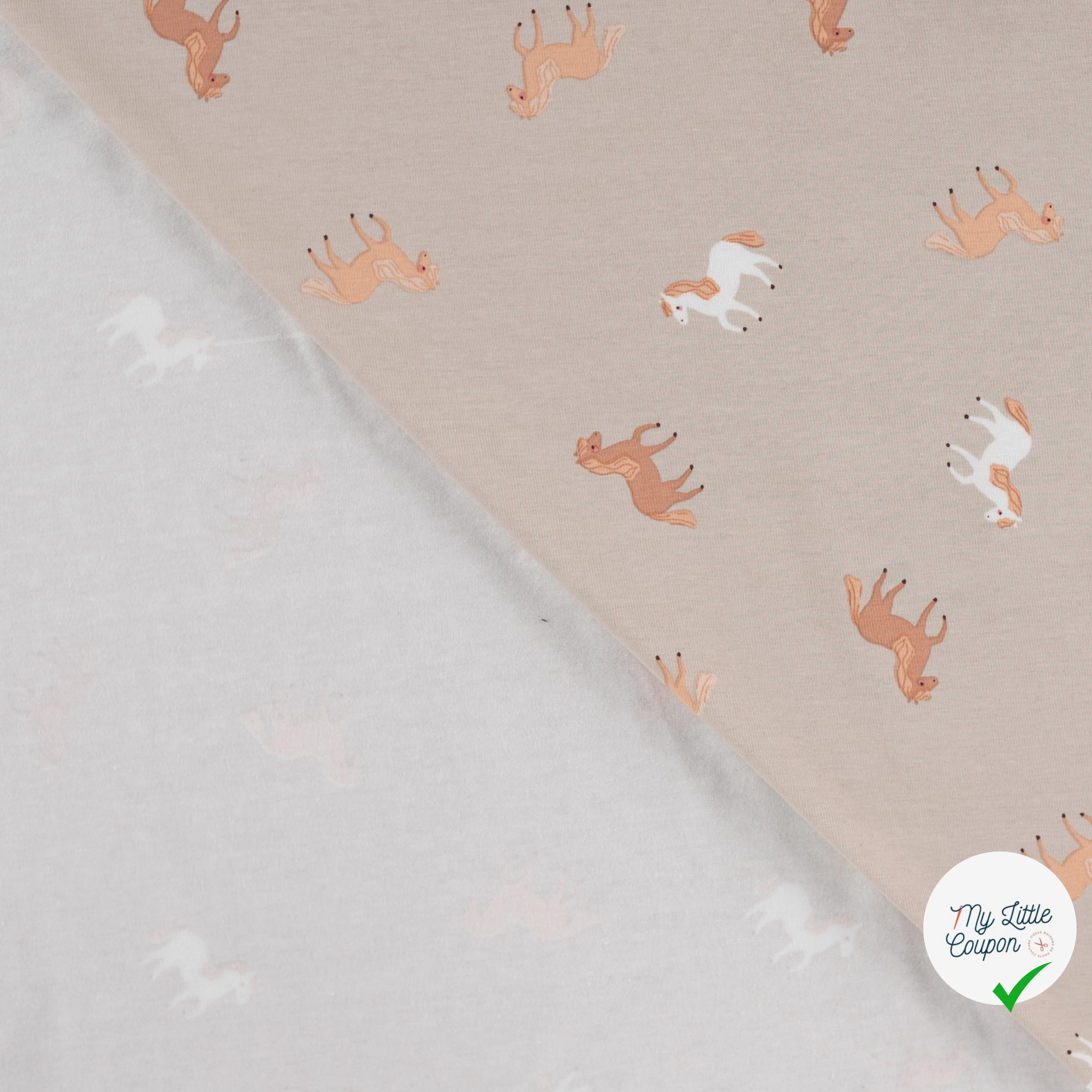 JERSEY DE COTON IMPRIMÉ CHEVAUX FOND SABLE - My Little Coupon