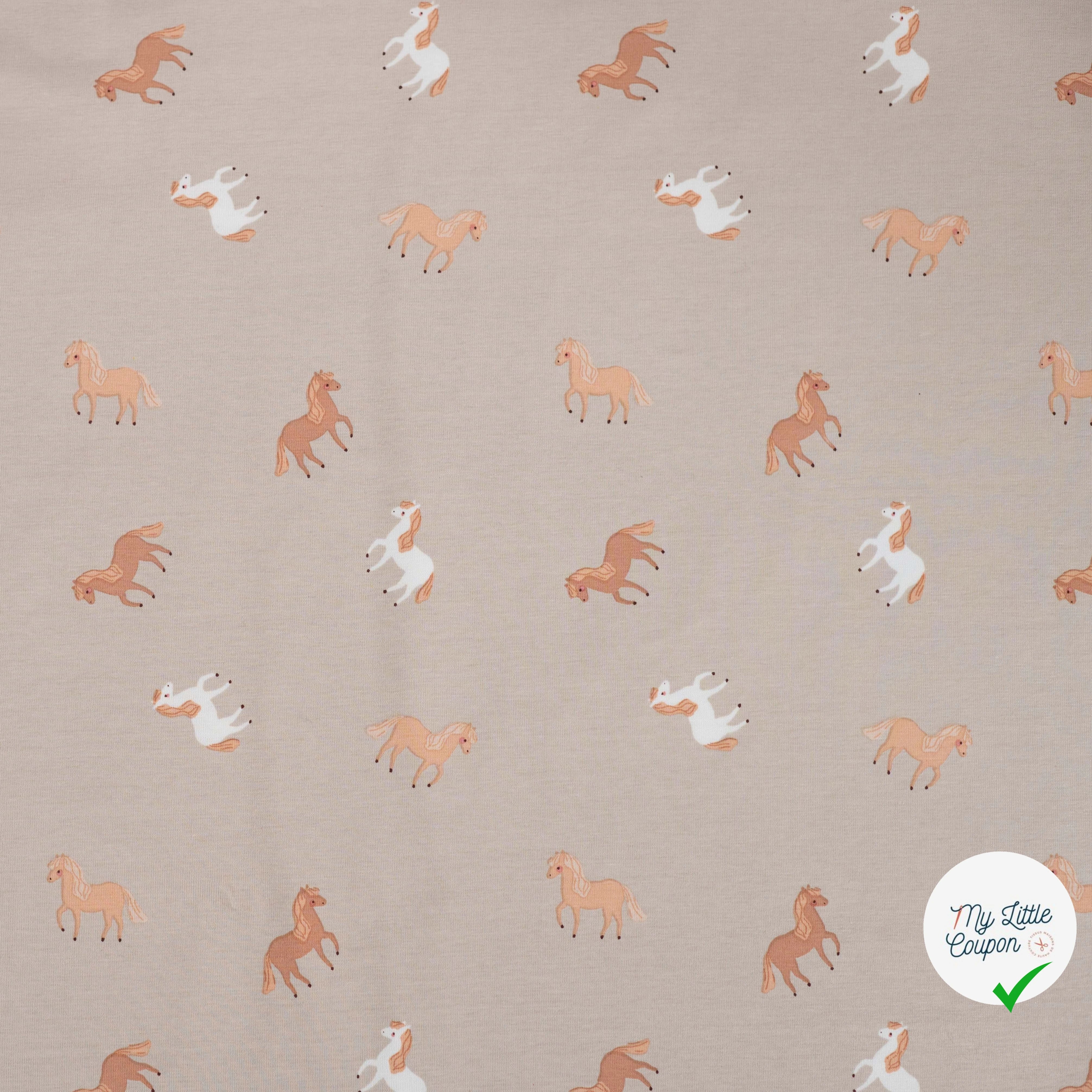 JERSEY DE COTON IMPRIMÉ CHEVAUX FOND SABLE - My Little Coupon