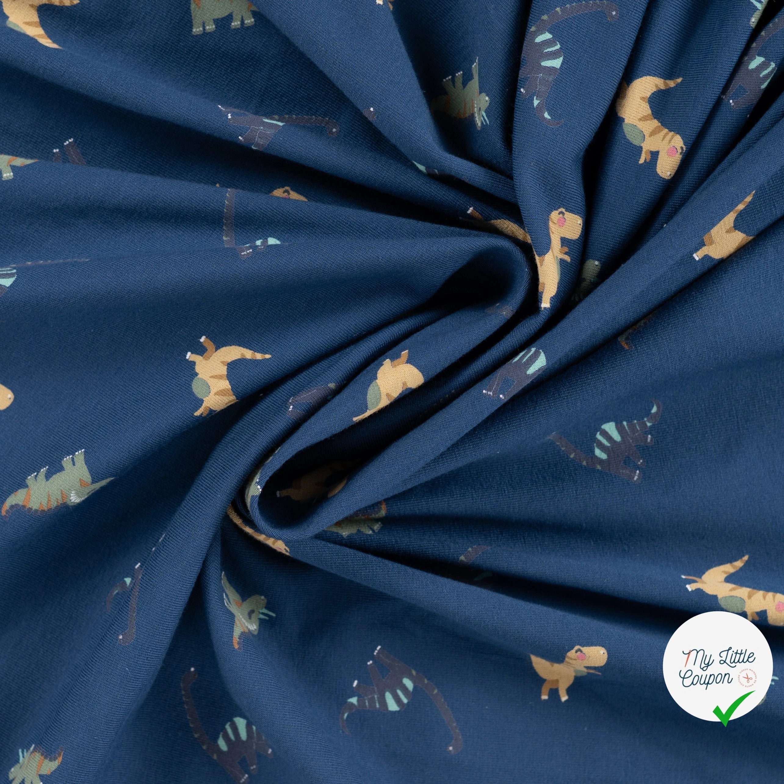 JERSEY DE COTON IMPRIMÉ DINOSAURES FOND DENIM - My Little Coupon