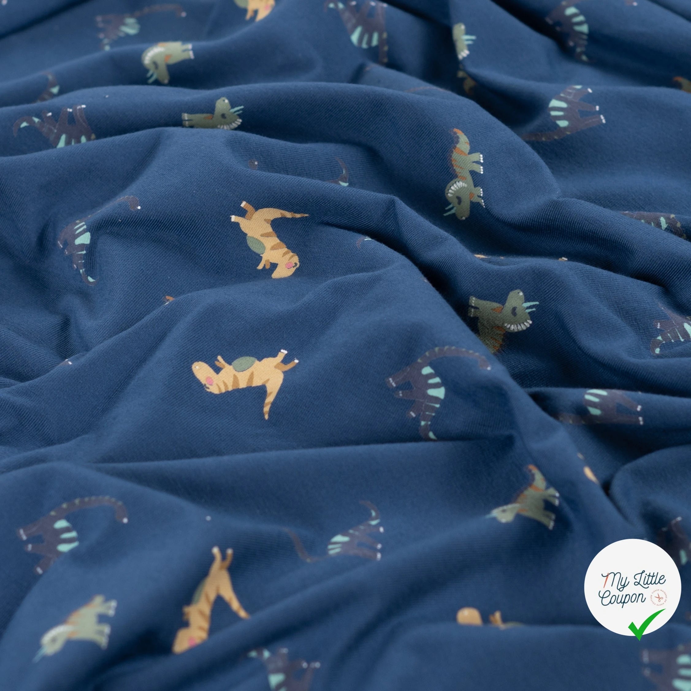 JERSEY DE COTON IMPRIMÉ DINOSAURES FOND DENIM - My Little Coupon