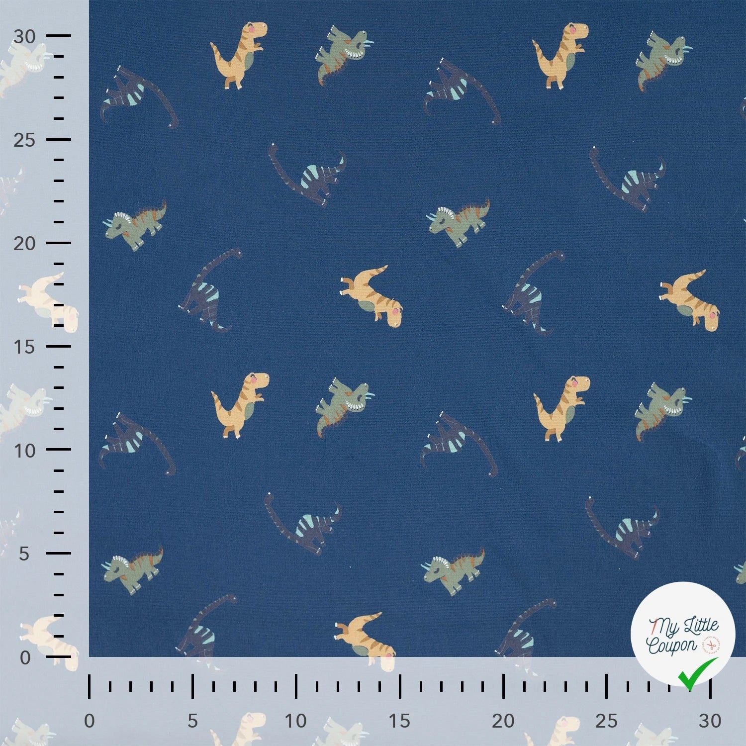 JERSEY DE COTON IMPRIMÉ DINOSAURES FOND DENIM - My Little Coupon