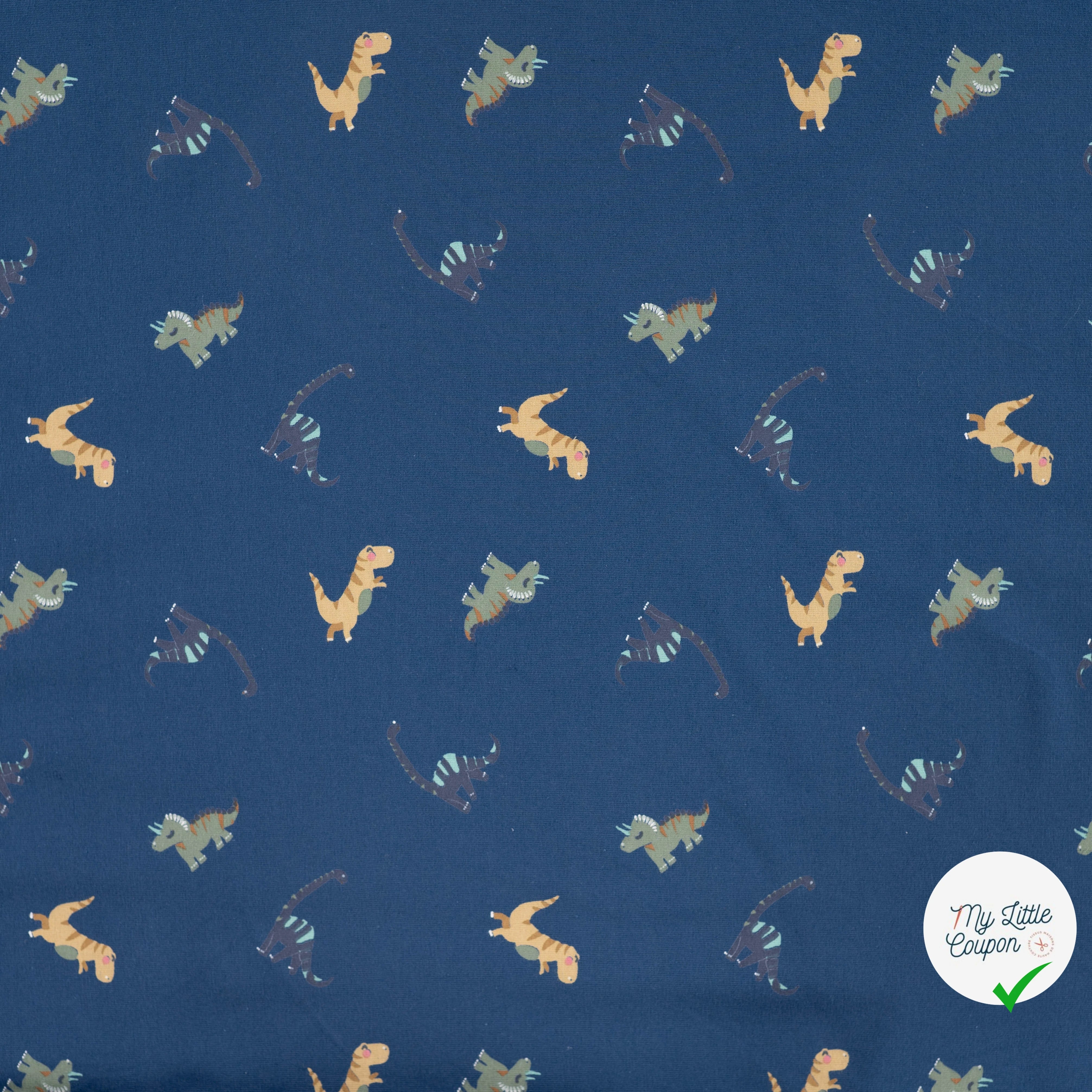 JERSEY DE COTON IMPRIMÉ DINOSAURES FOND DENIM - My Little Coupon