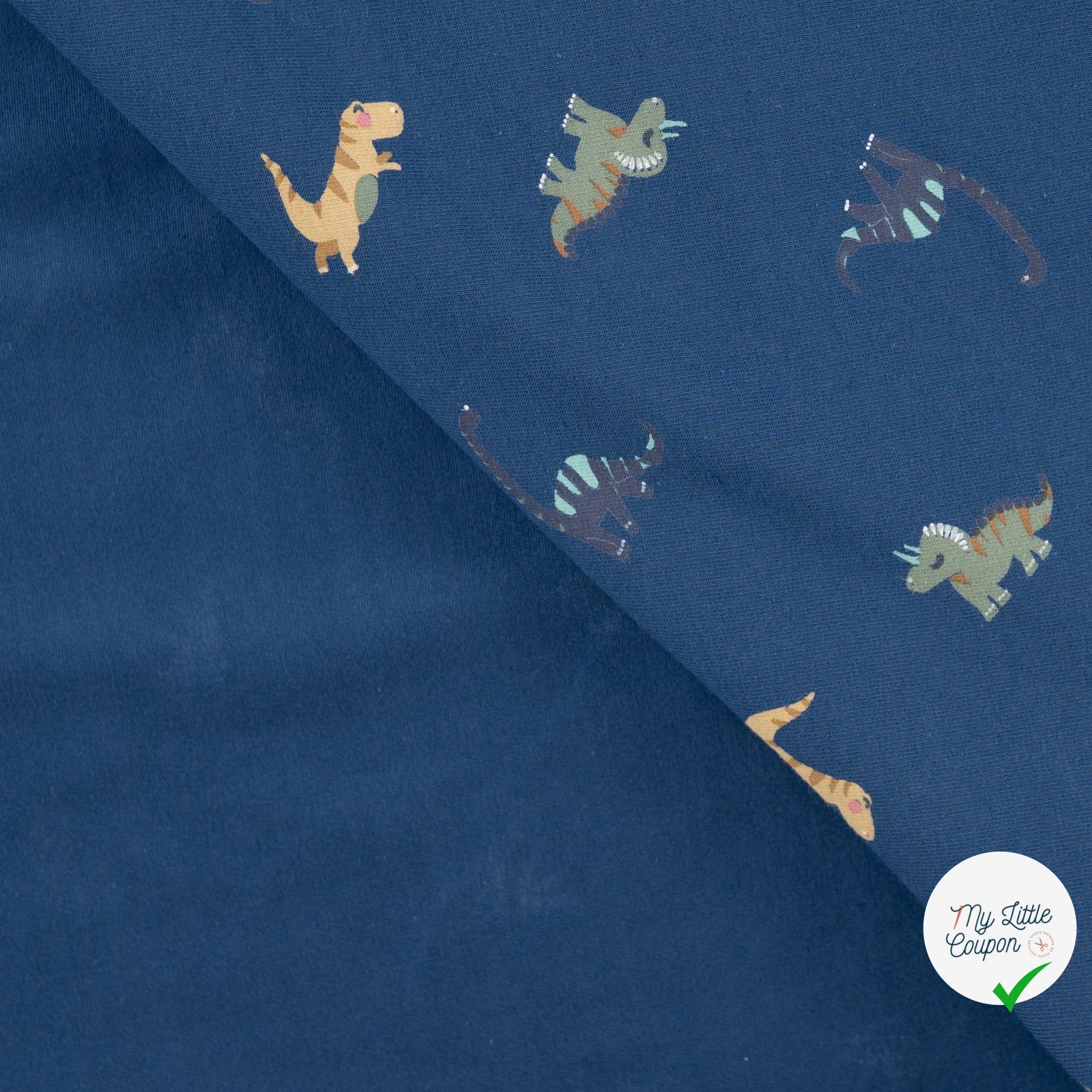 JERSEY DE COTON IMPRIMÉ DINOSAURES FOND DENIM - My Little Coupon