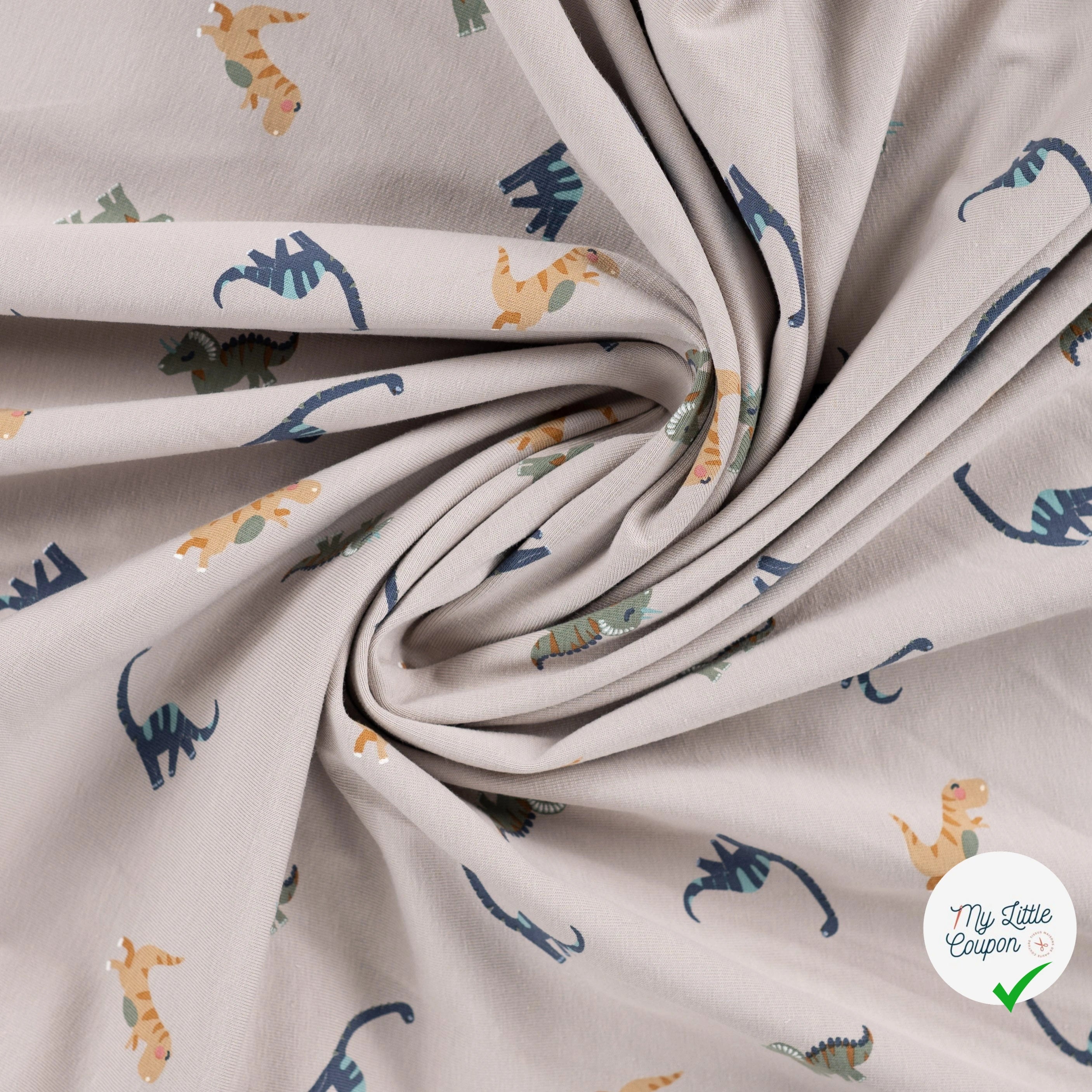 JERSEY DE COTON IMPRIMÉ DINOSAURES FOND SABLE - My Little Coupon