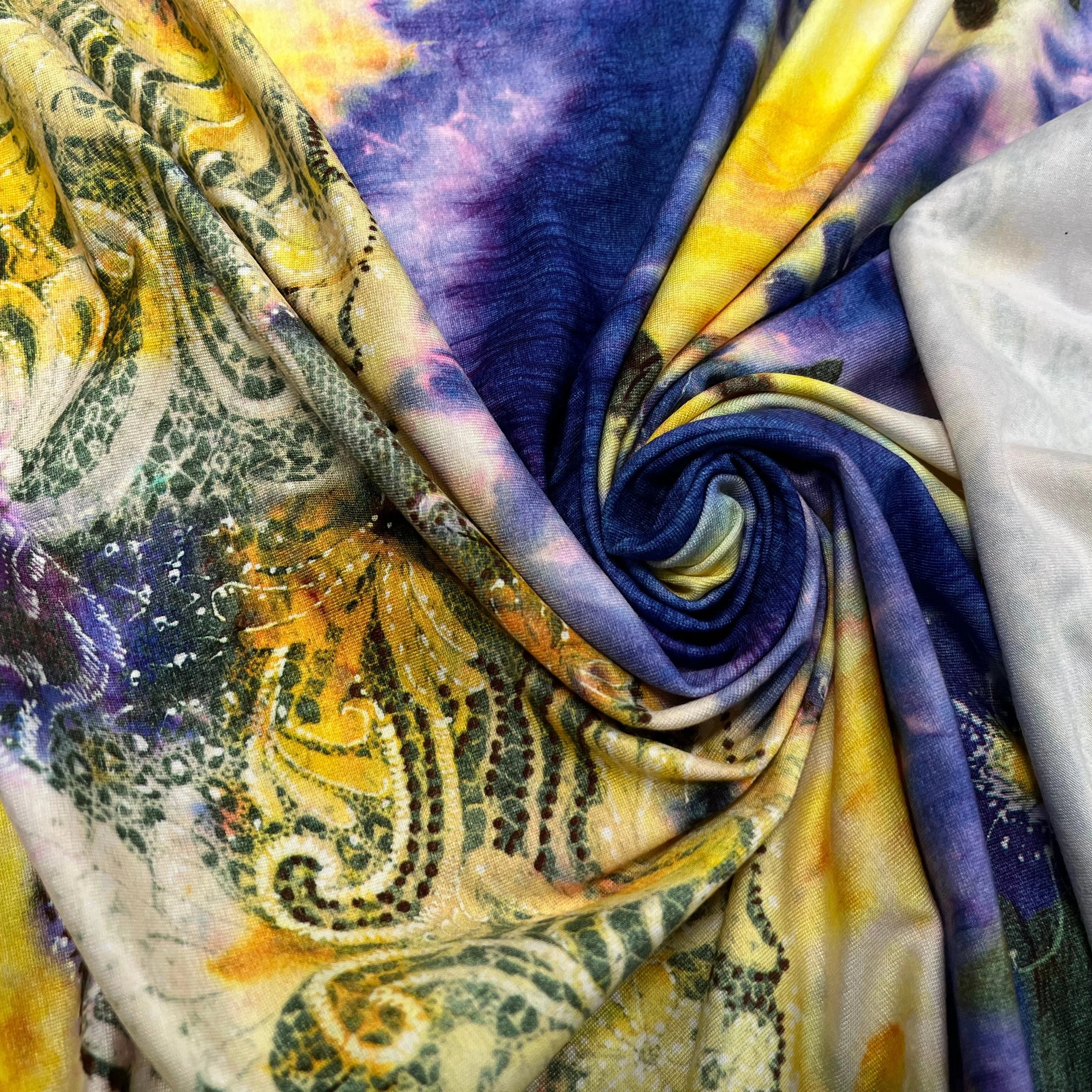 JERSEY DE COTON IMPRIMÉ FLEURS JAUNE&VIOLET - My Little Coupon