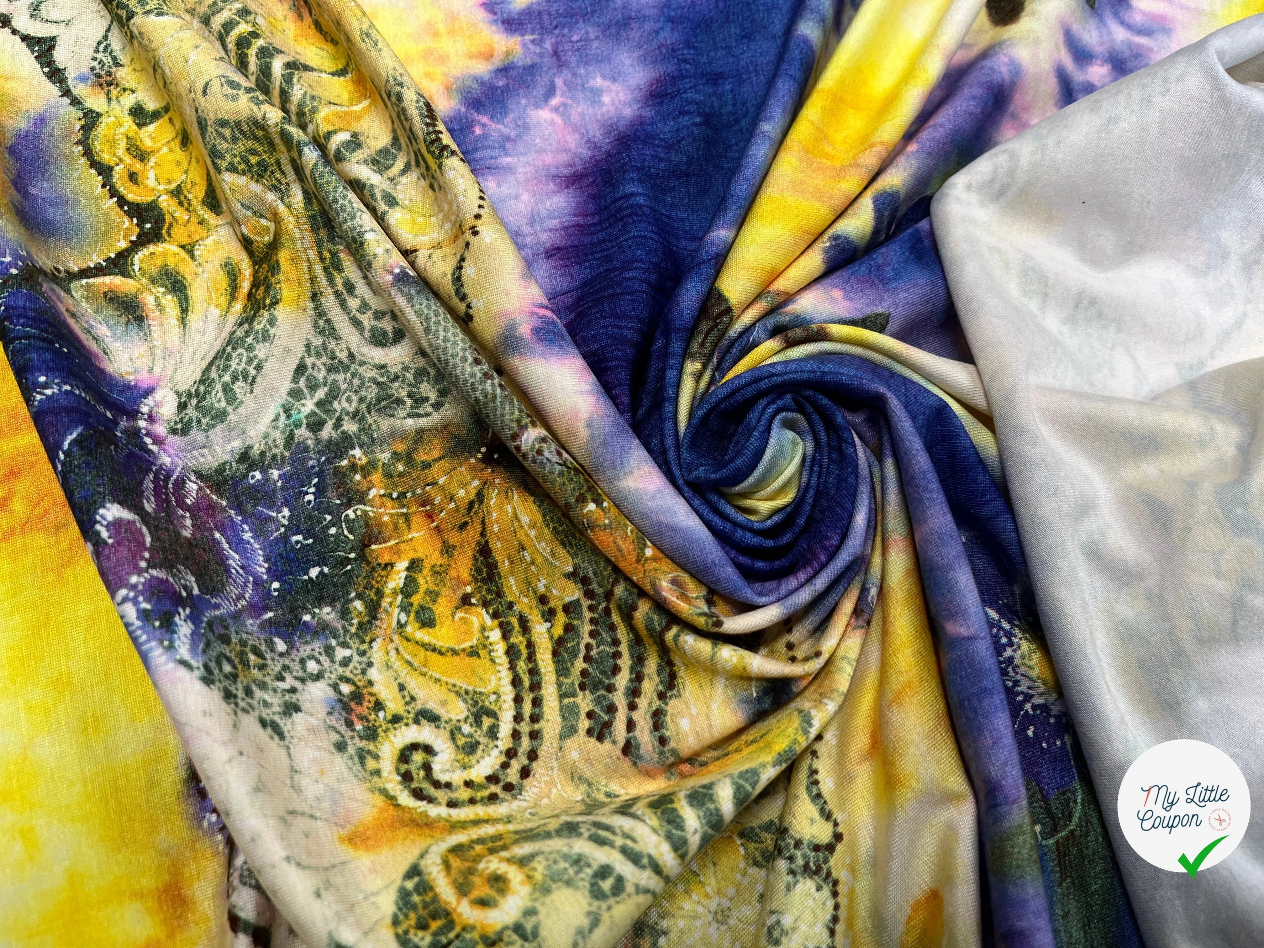 JERSEY DE COTON IMPRIMÉ FLEURS JAUNE&VIOLET - My Little Coupon