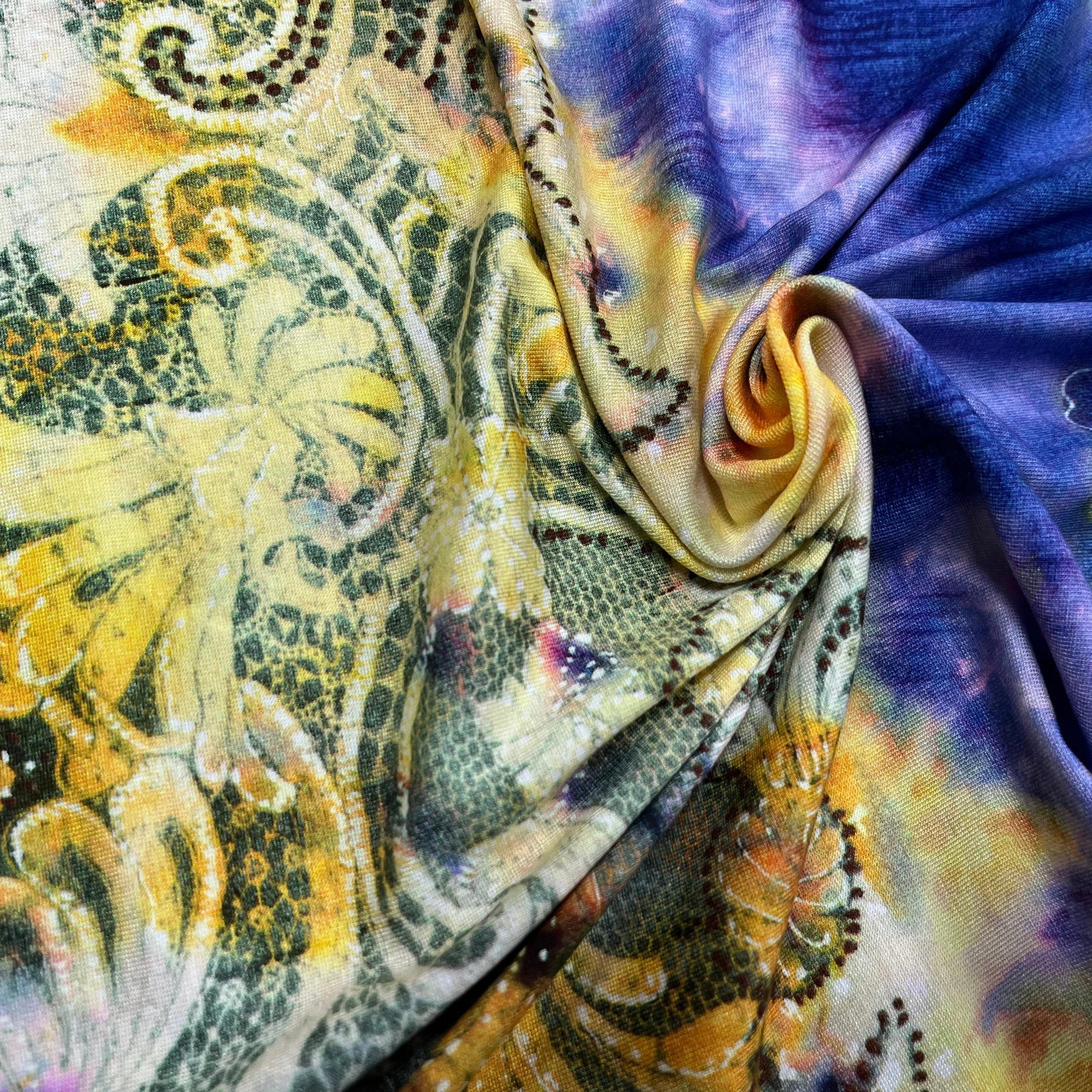 JERSEY DE COTON IMPRIMÉ FLEURS JAUNE&VIOLET - My Little Coupon