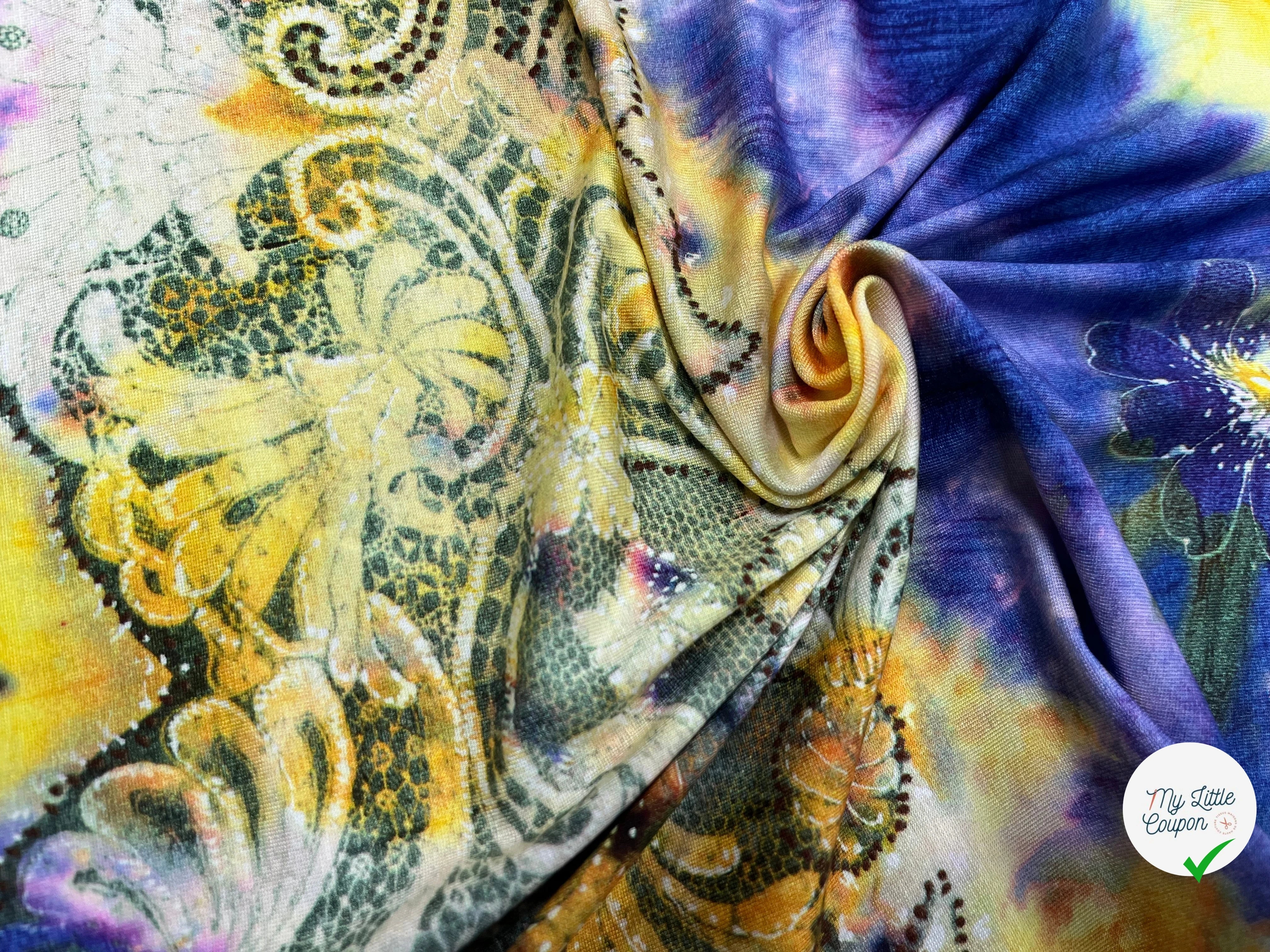 JERSEY DE COTON IMPRIMÉ FLEURS JAUNE&VIOLET - My Little Coupon