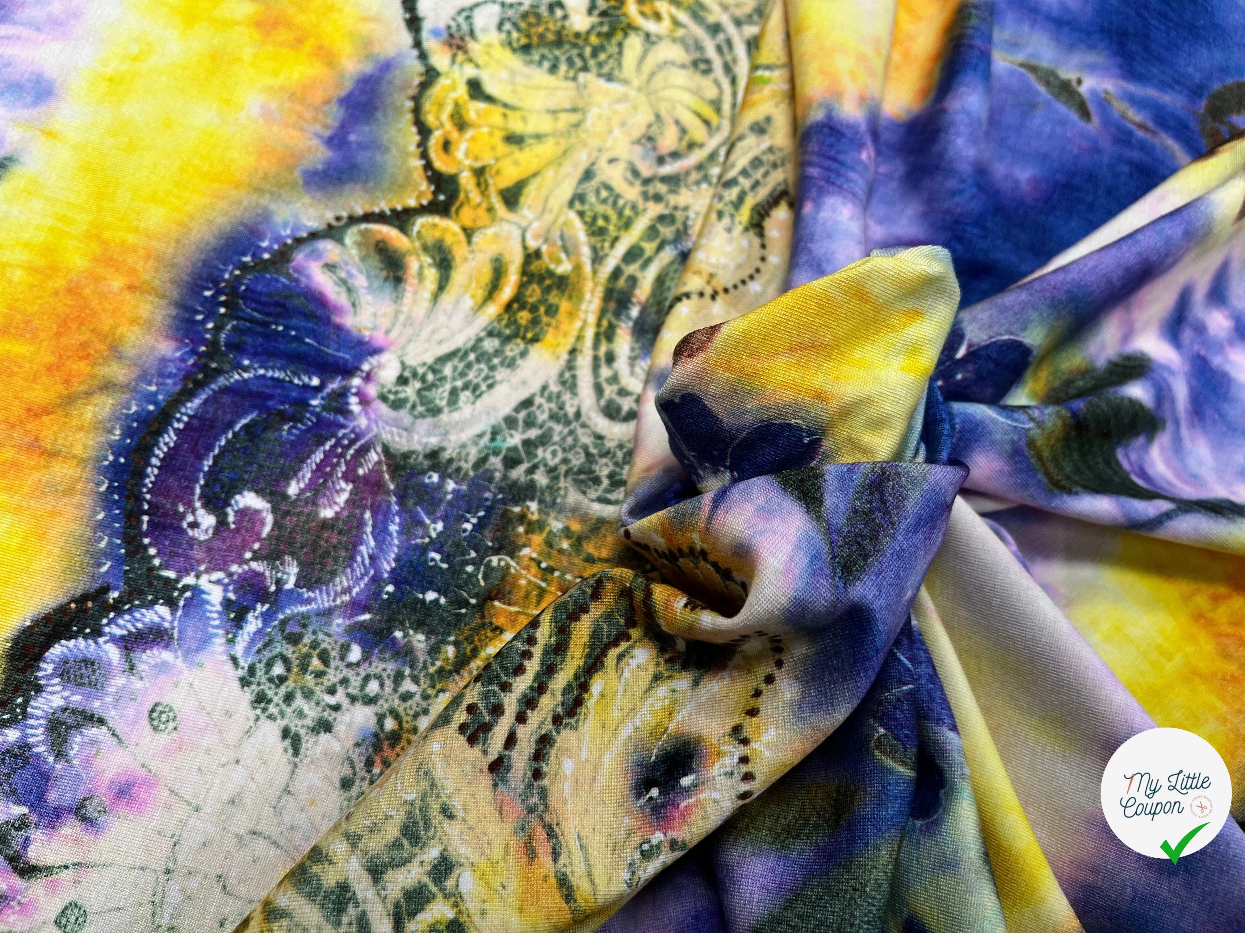 JERSEY DE COTON IMPRIMÉ FLEURS JAUNE&VIOLET - My Little Coupon