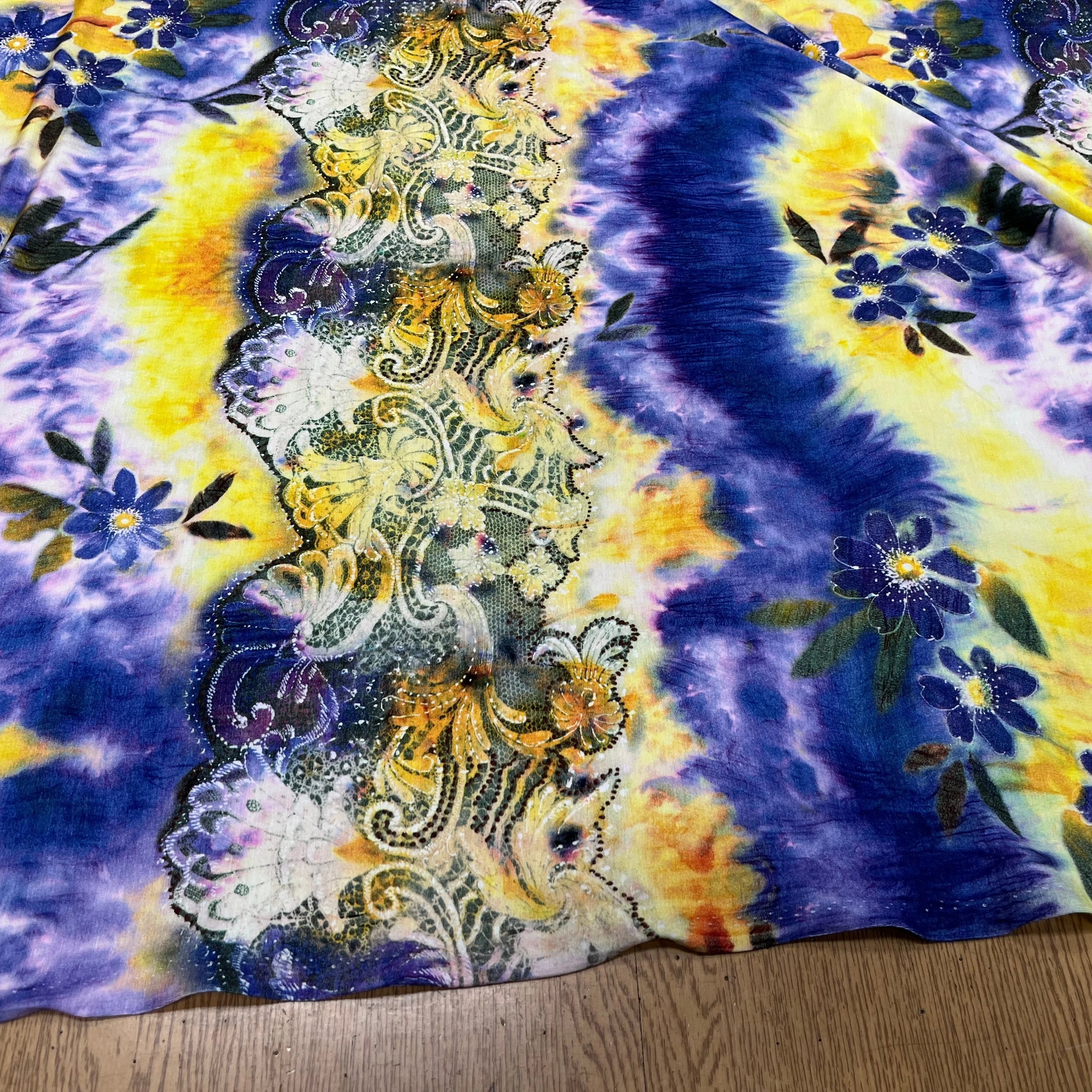 JERSEY DE COTON IMPRIMÉ FLEURS JAUNE&VIOLET - My Little Coupon