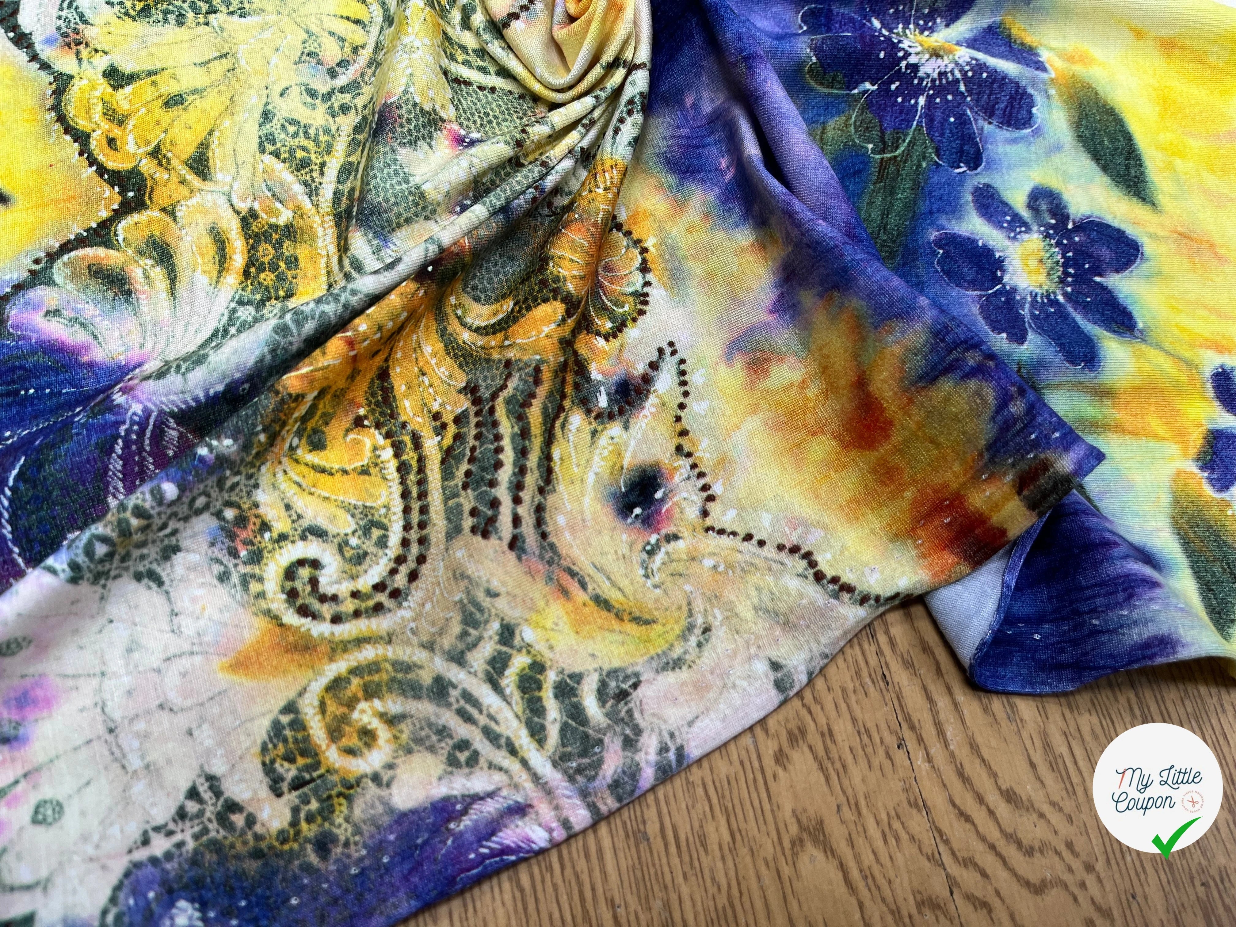 JERSEY DE COTON IMPRIMÉ FLEURS JAUNE&VIOLET - My Little Coupon