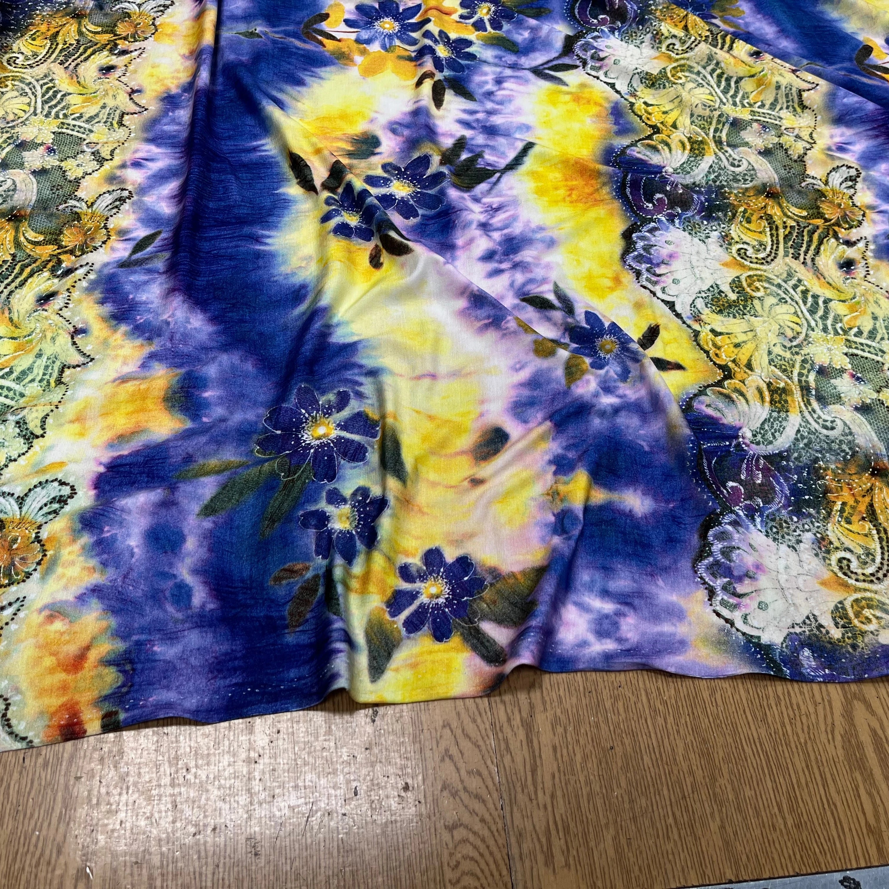 JERSEY DE COTON IMPRIMÉ FLEURS JAUNE&VIOLET - My Little Coupon