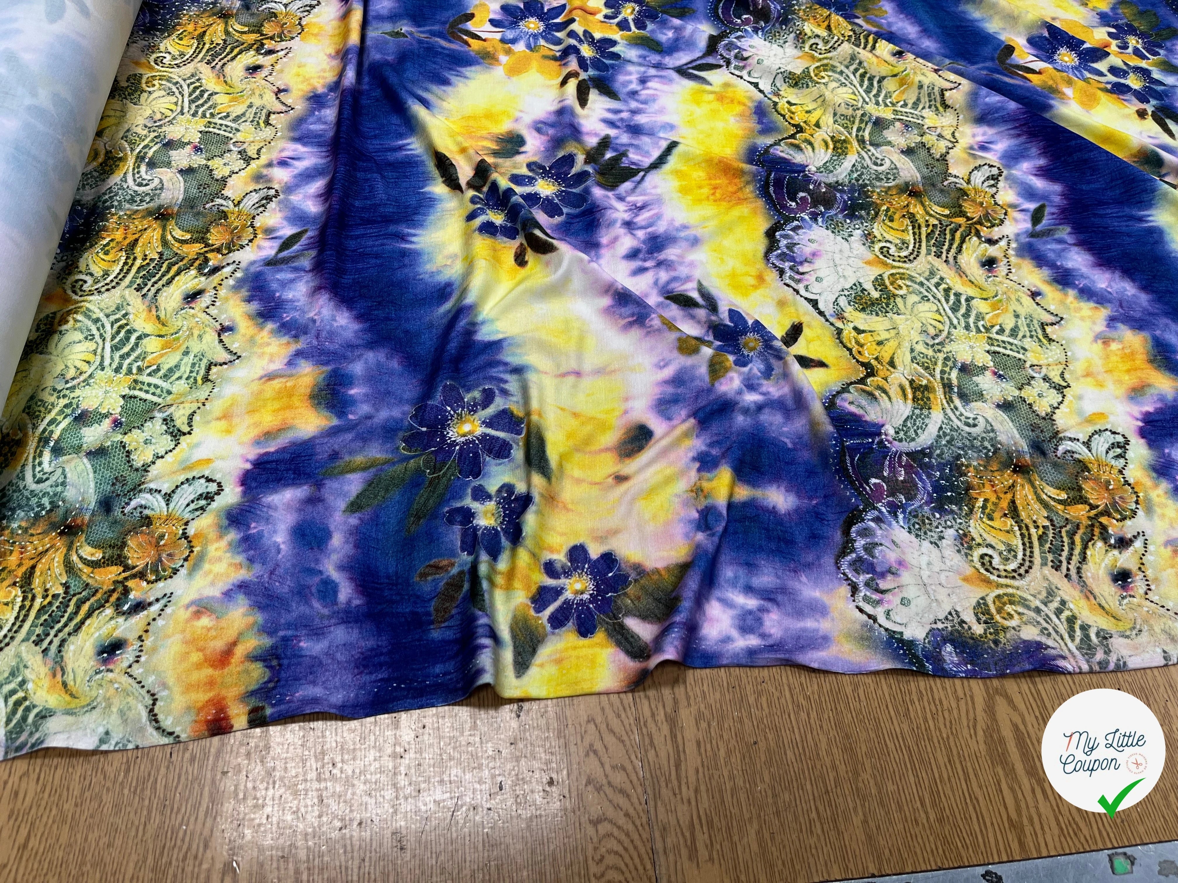 JERSEY DE COTON IMPRIMÉ FLEURS JAUNE&VIOLET - My Little Coupon