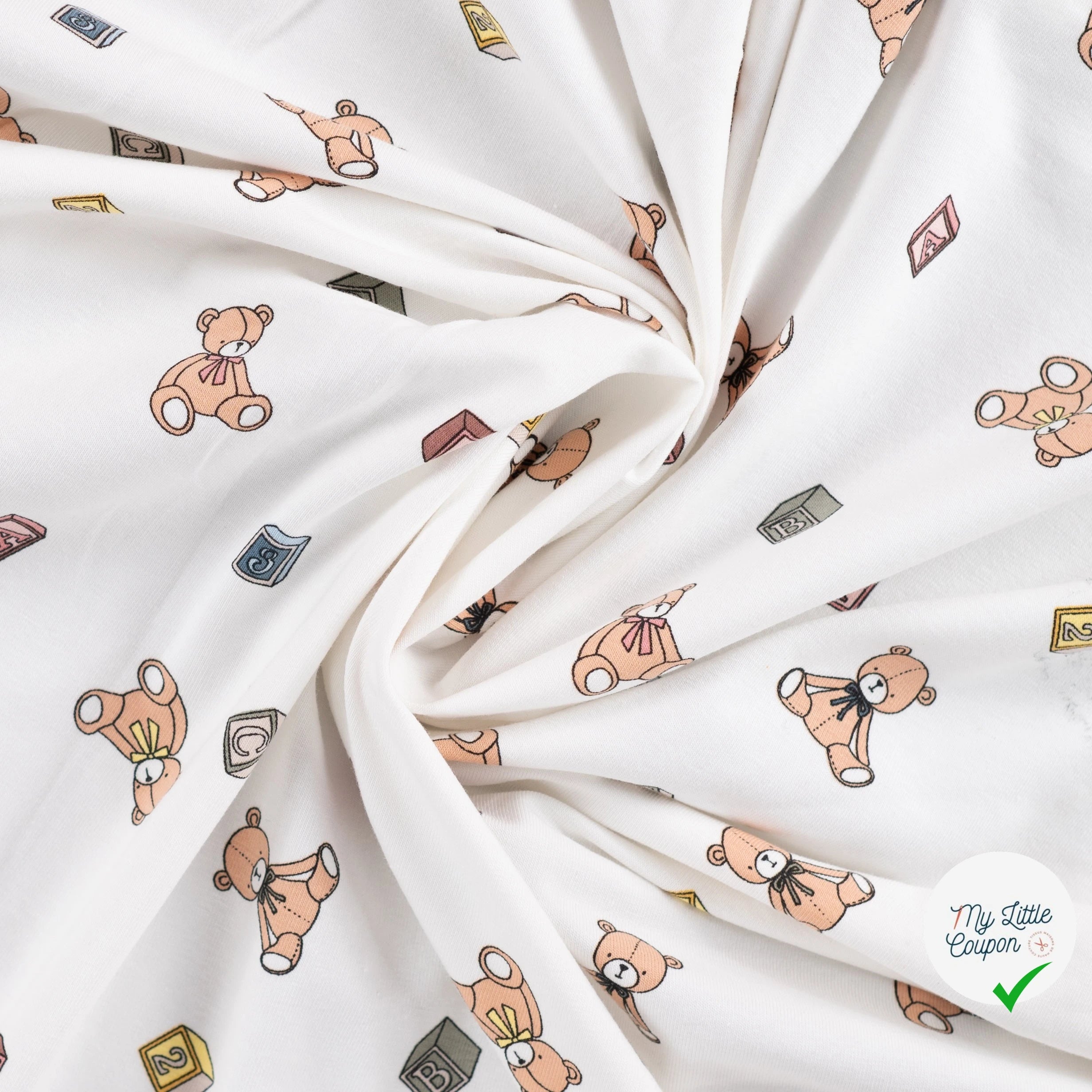JERSEY DE COTON IMPRIMÉ OURS PELUCHE FOND ÉCRU - My Little Coupon