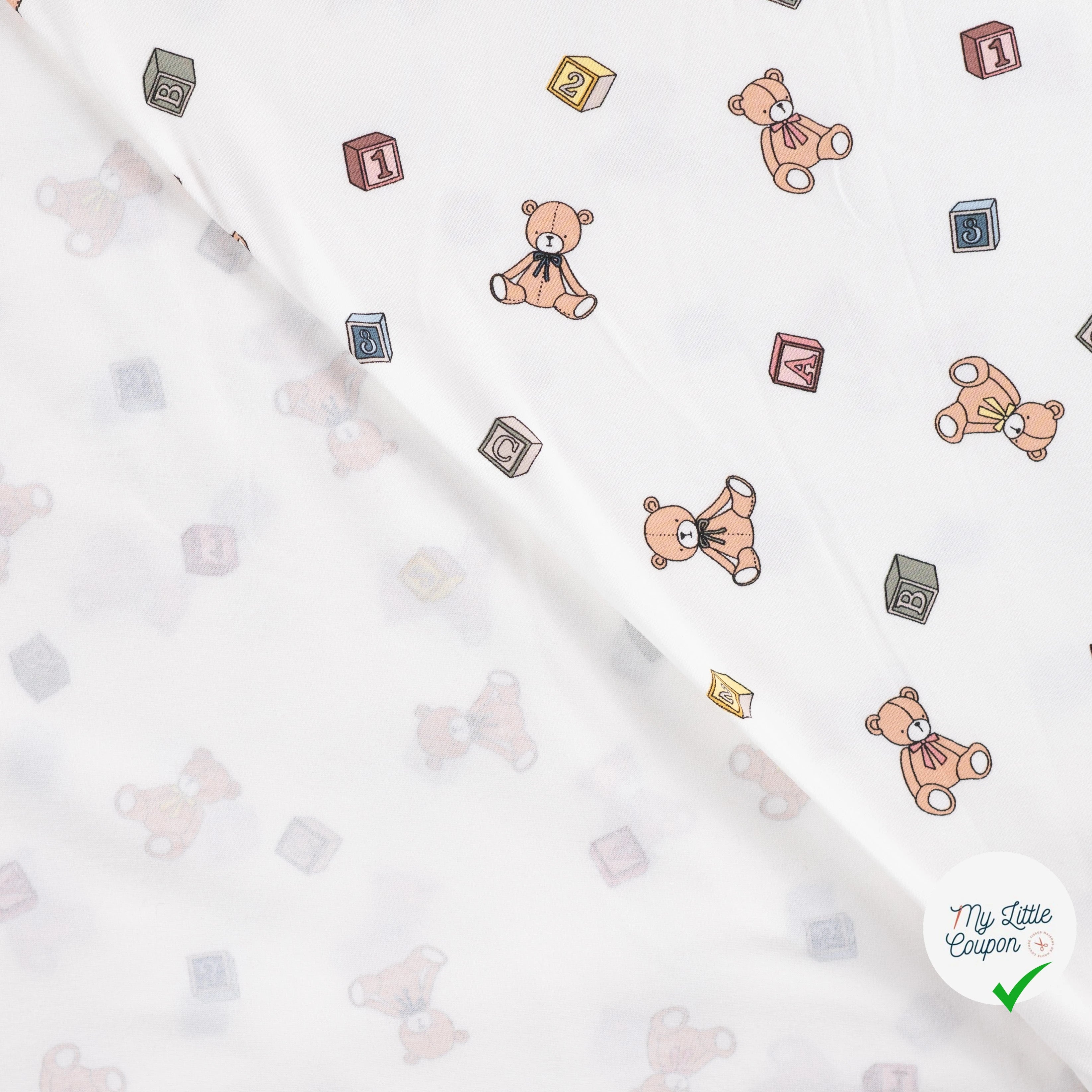 JERSEY DE COTON IMPRIMÉ OURS PELUCHE FOND ÉCRU - My Little Coupon