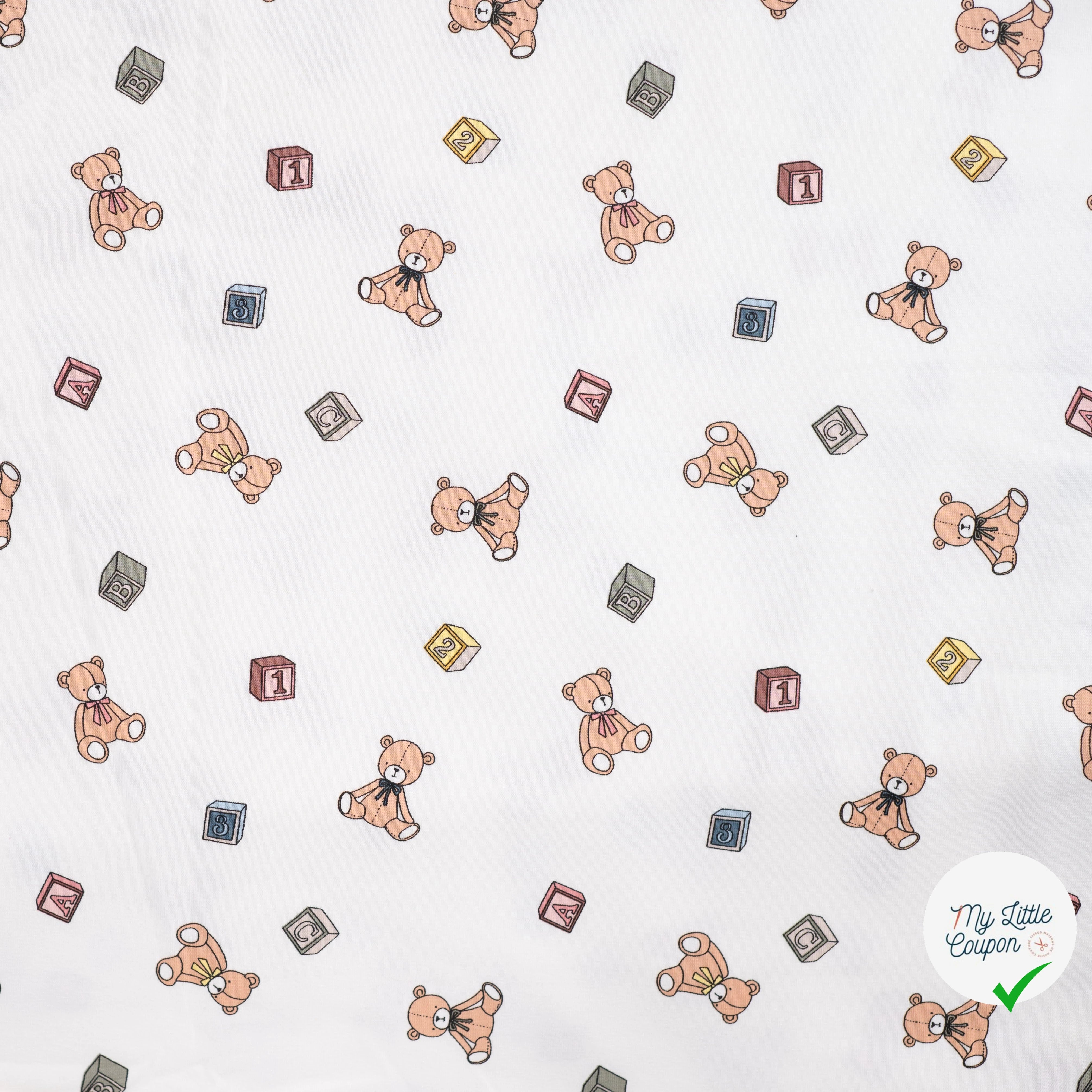 JERSEY DE COTON IMPRIMÉ OURS PELUCHE FOND ÉCRU - My Little Coupon