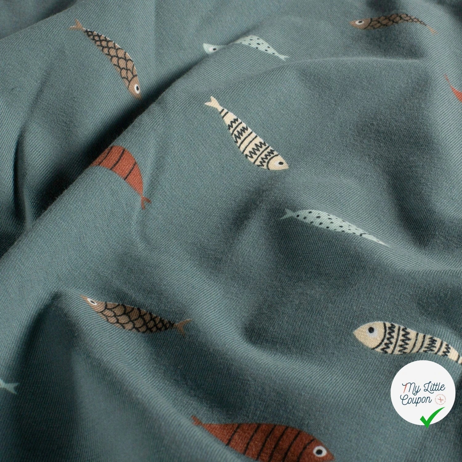 Jersey de coton imprimé poissons indigo