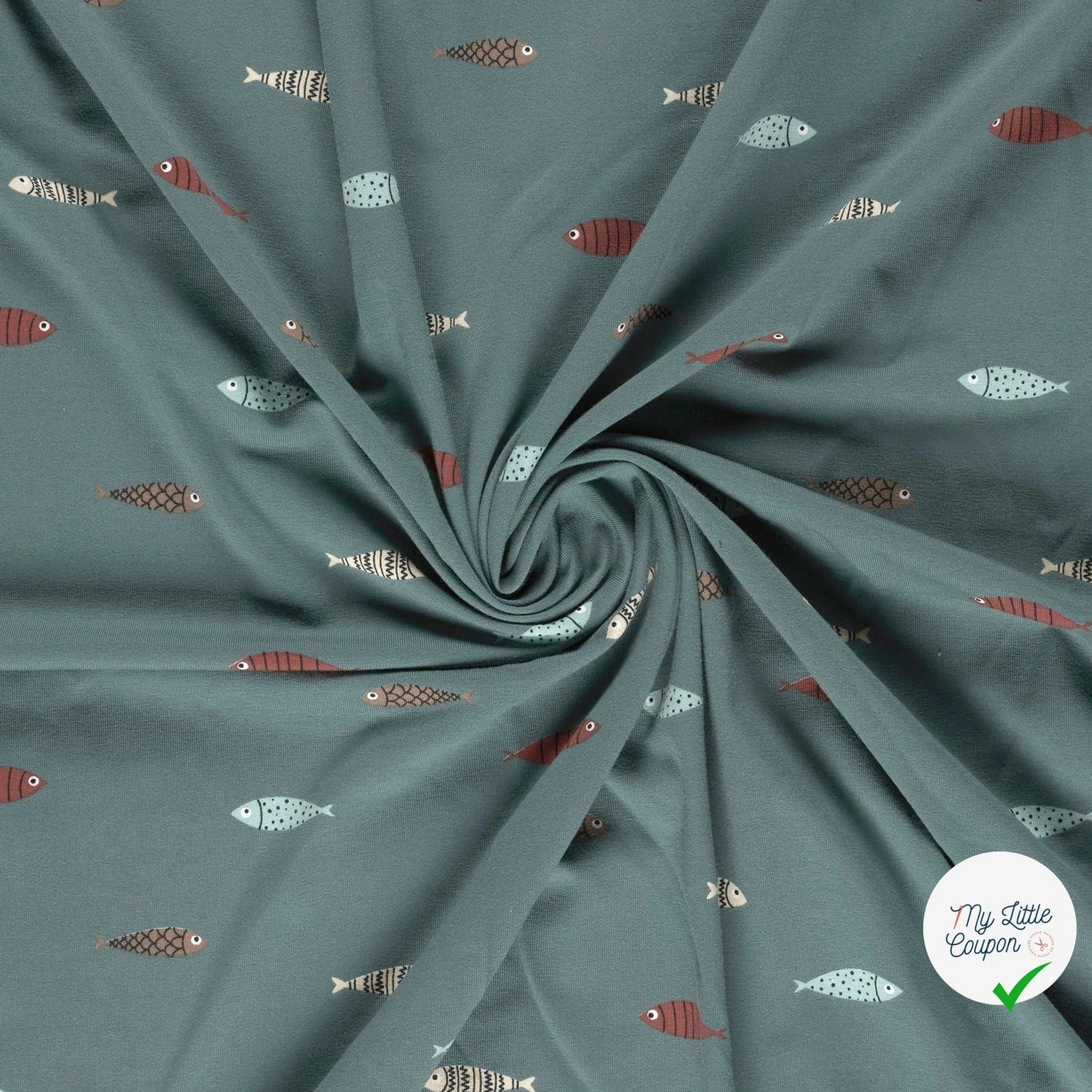 JERSEY DE COTON IMPRIMÉ POISSONS INDIGO - My Little Coupon