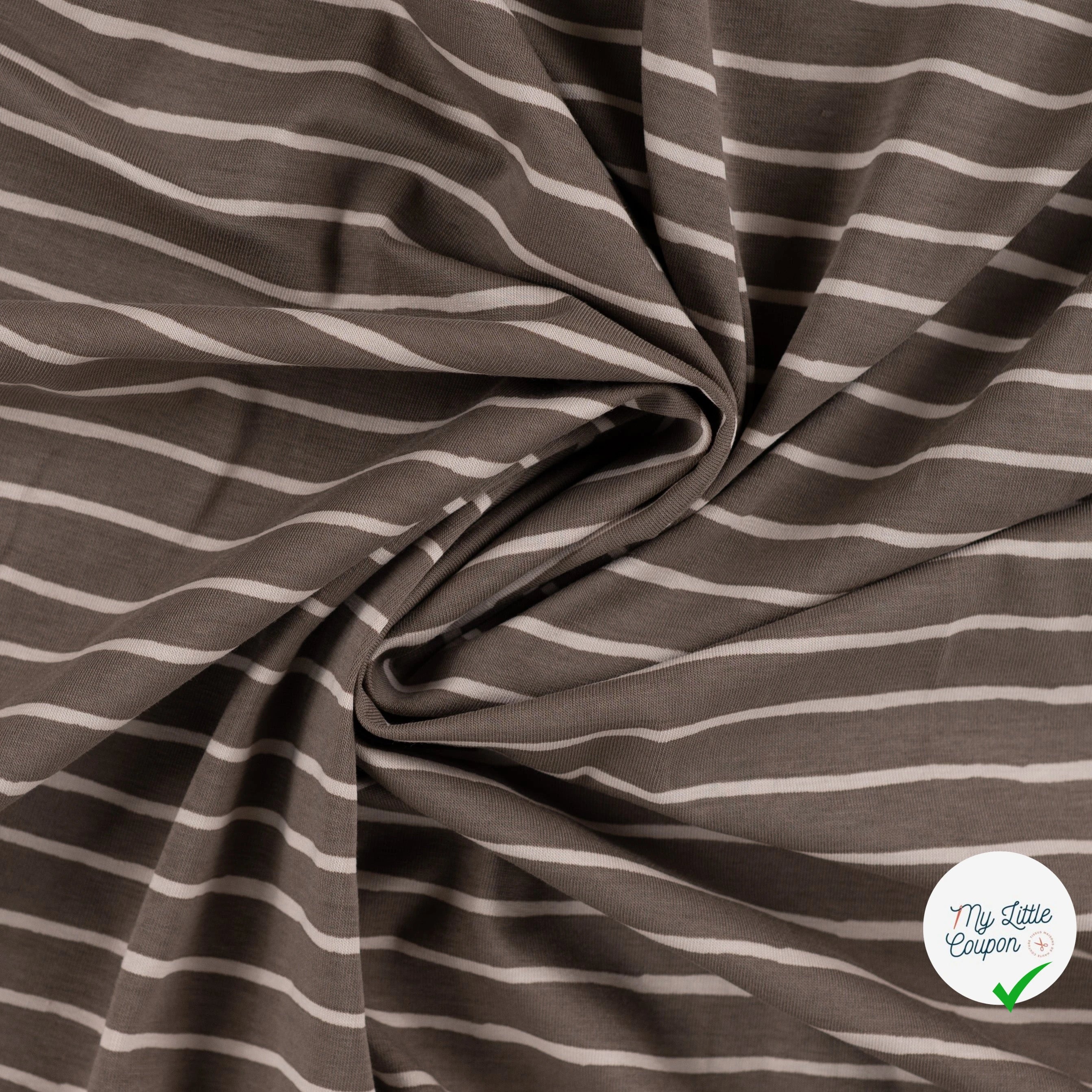 JERSEY DE COTON IMPRIMÉ RAYURES FOND TAUPE - My Little Coupon