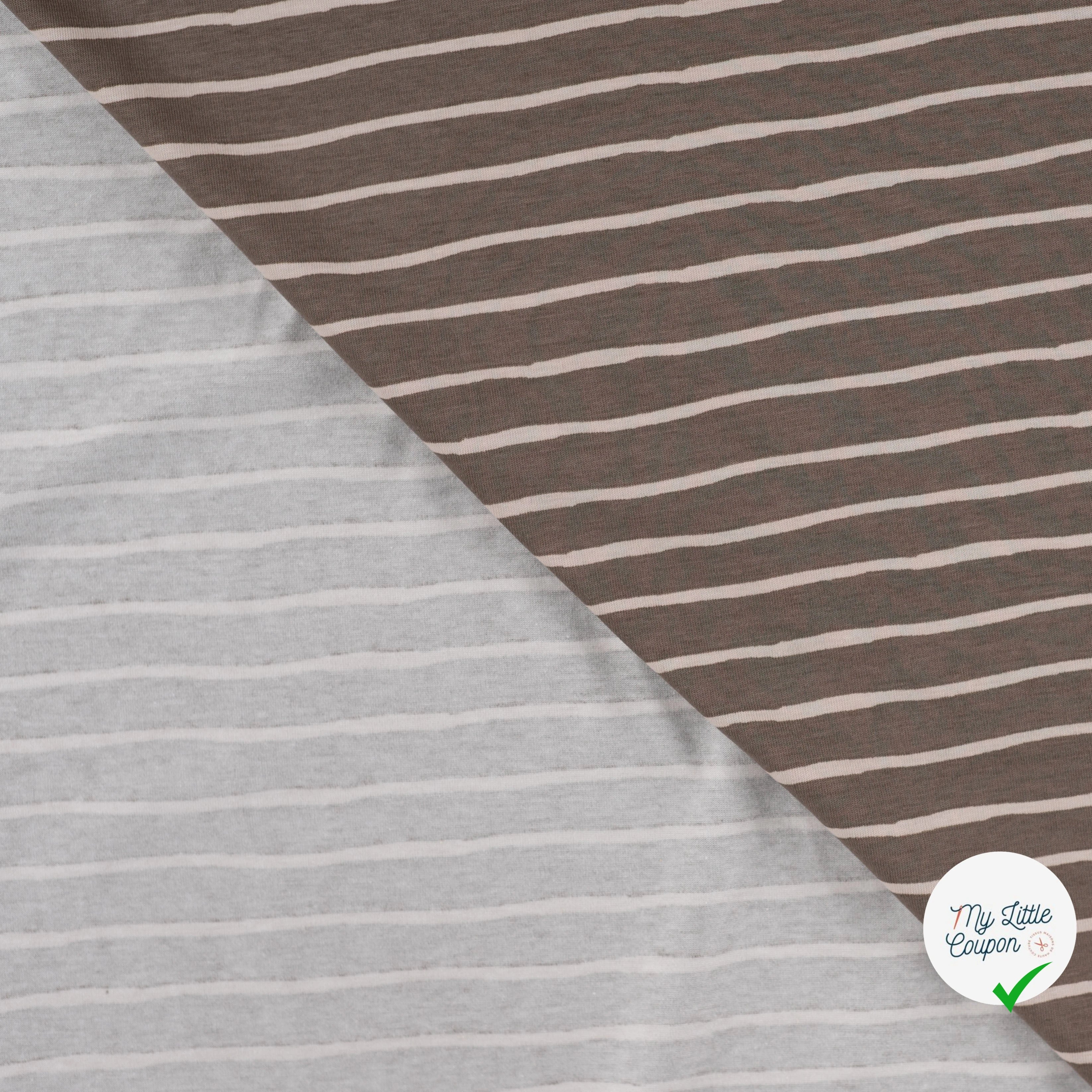 JERSEY DE COTON IMPRIMÉ RAYURES FOND TAUPE - My Little Coupon