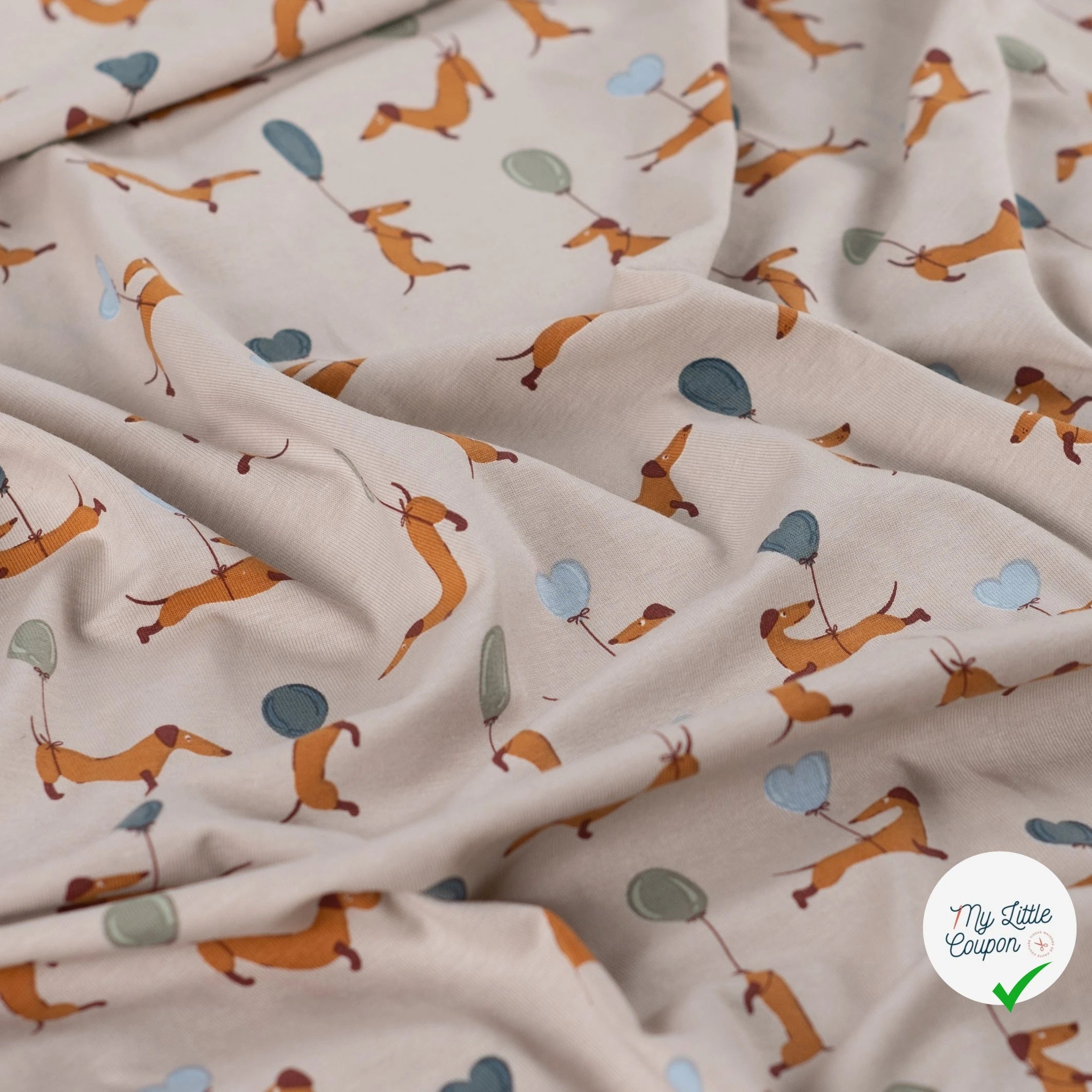 JERSEY DE COTON IMPRIMÉ TECKELS BALLONS FOND SABLE - My Little Coupon