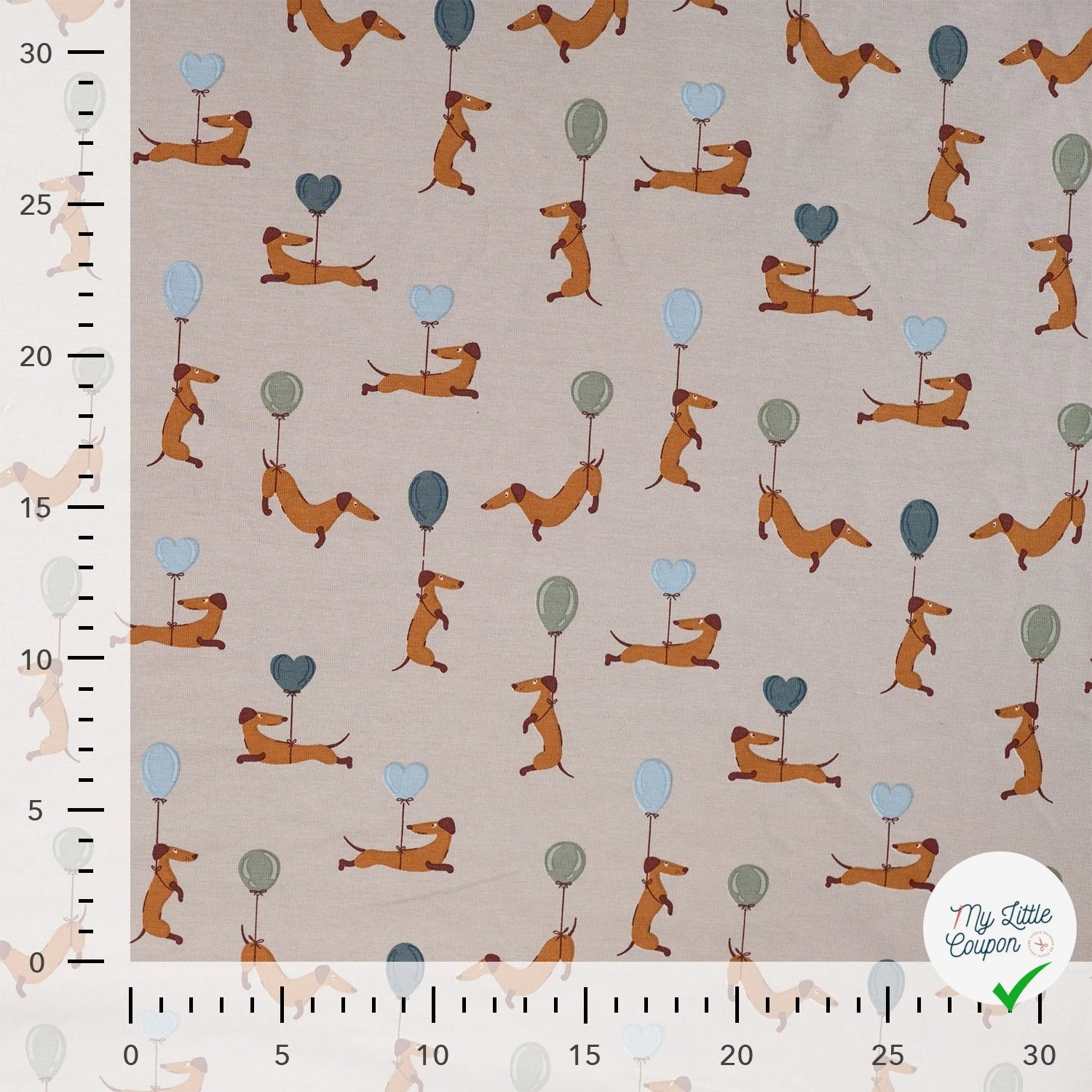 JERSEY DE COTON IMPRIMÉ TECKELS BALLONS FOND SABLE - My Little Coupon