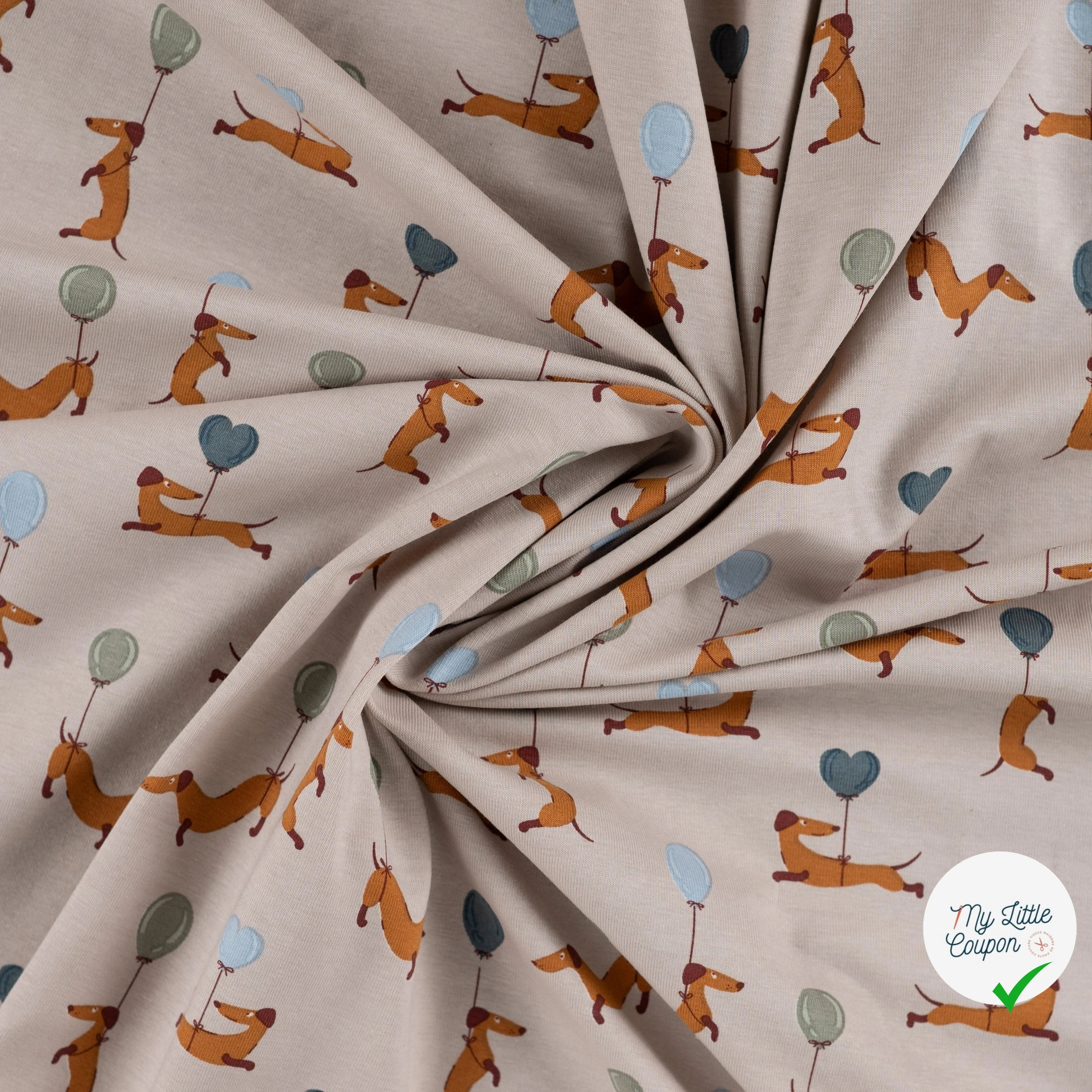 JERSEY DE COTON IMPRIMÉ TECKELS BALLONS FOND SABLE - My Little Coupon