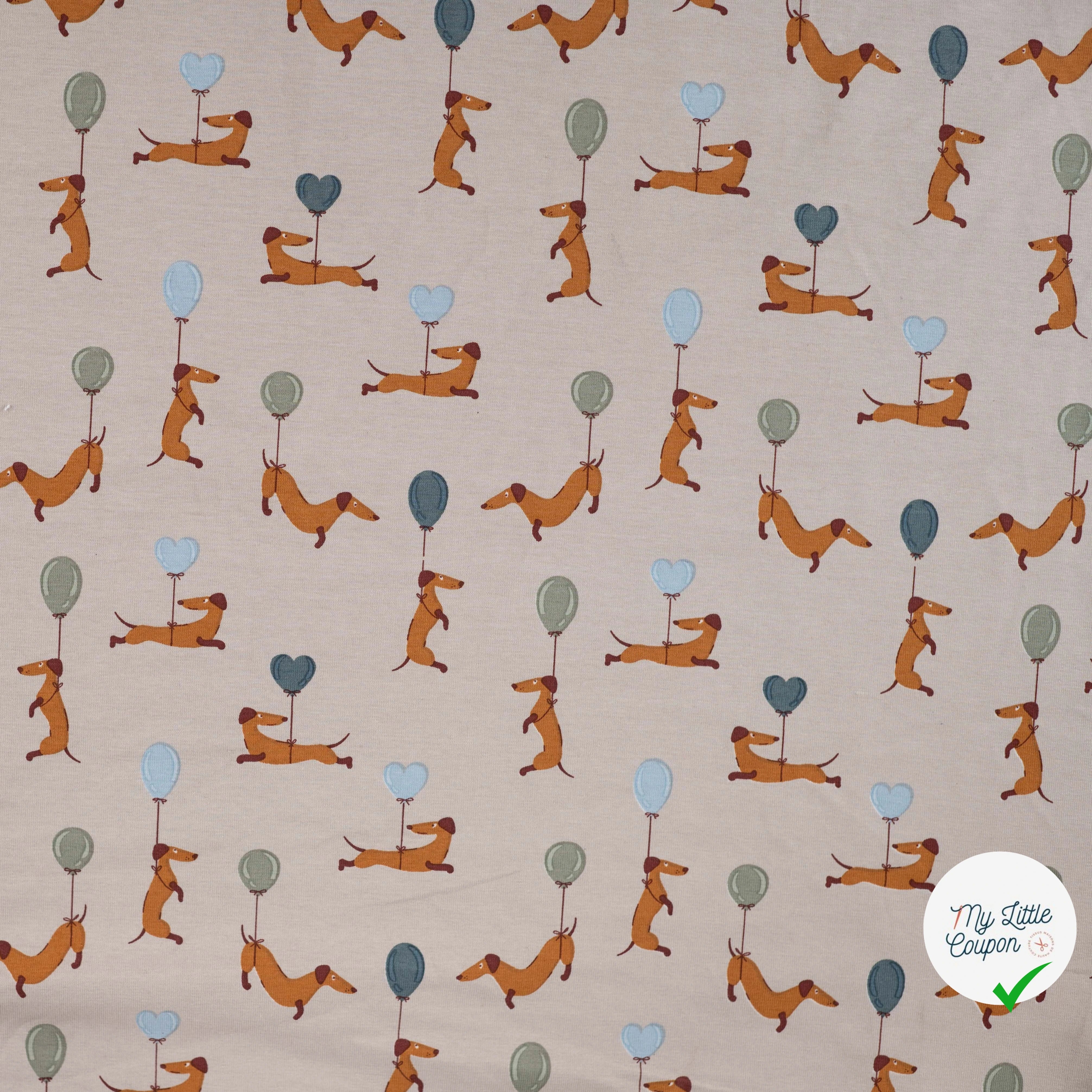 JERSEY DE COTON IMPRIMÉ TECKELS BALLONS FOND SABLE - My Little Coupon