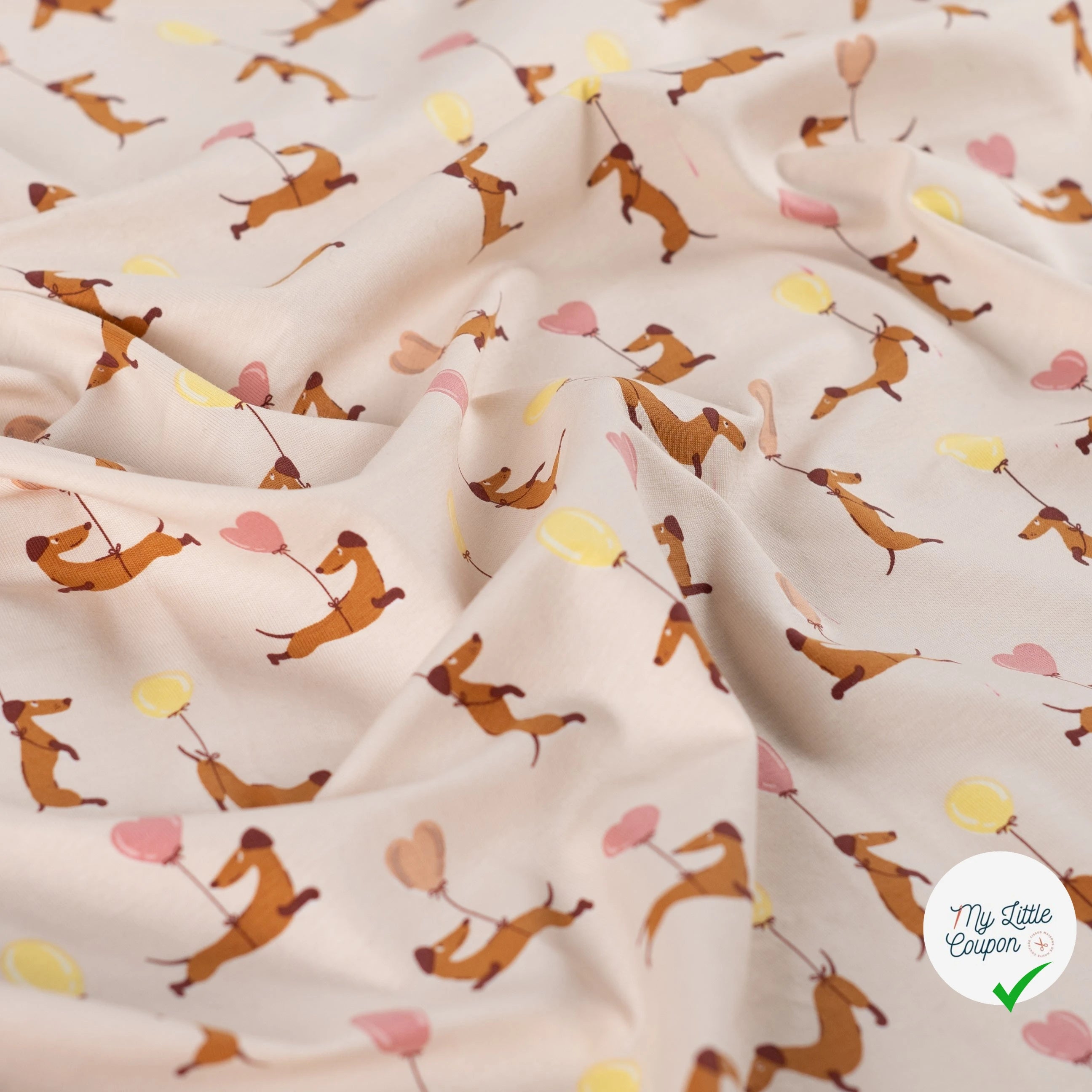 JERSEY DE COTON IMPRIMÉ TECKELS BALLONS FOND SABLE PLAGE - My Little Coupon