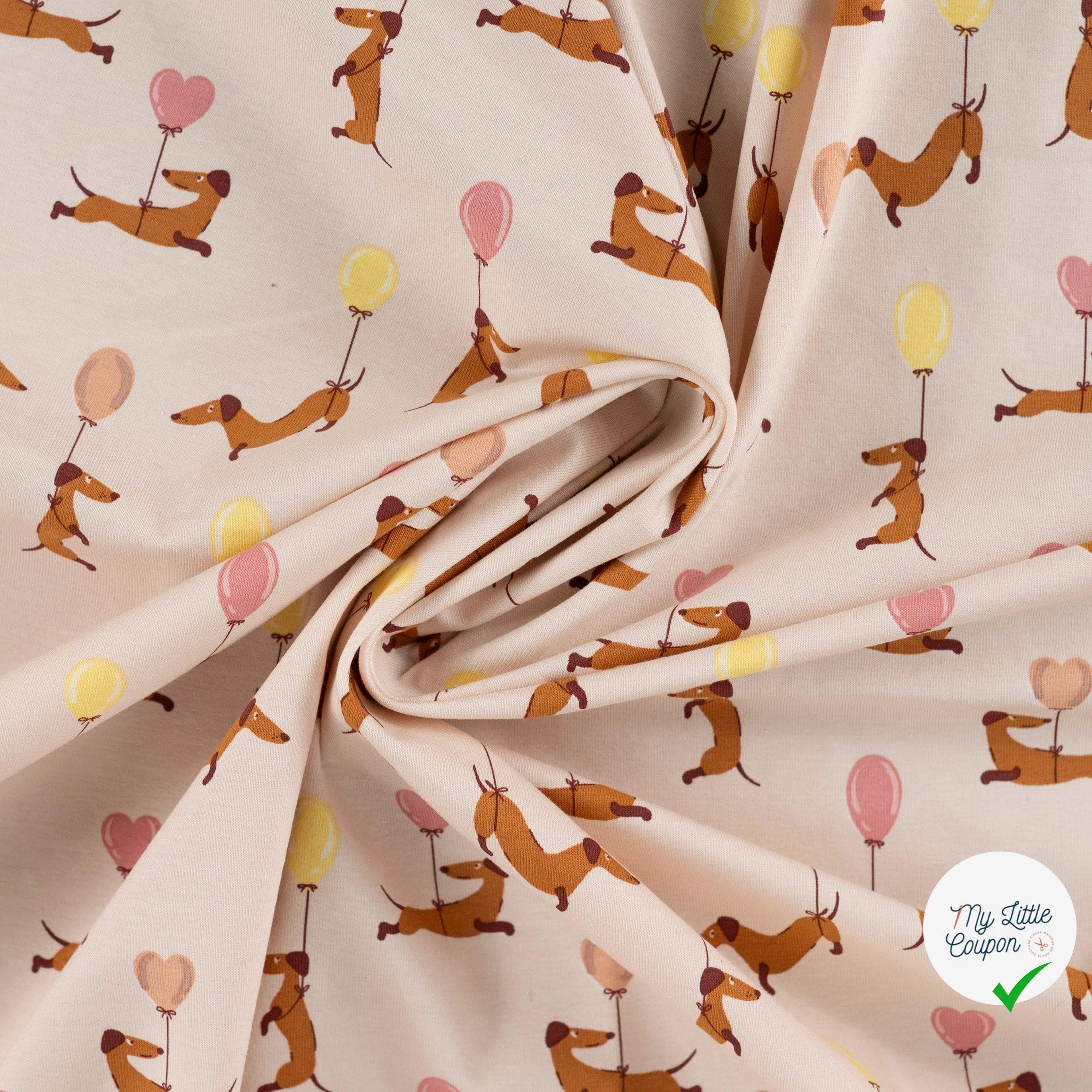 JERSEY DE COTON IMPRIMÉ TECKELS BALLONS FOND SABLE PLAGE - My Little Coupon