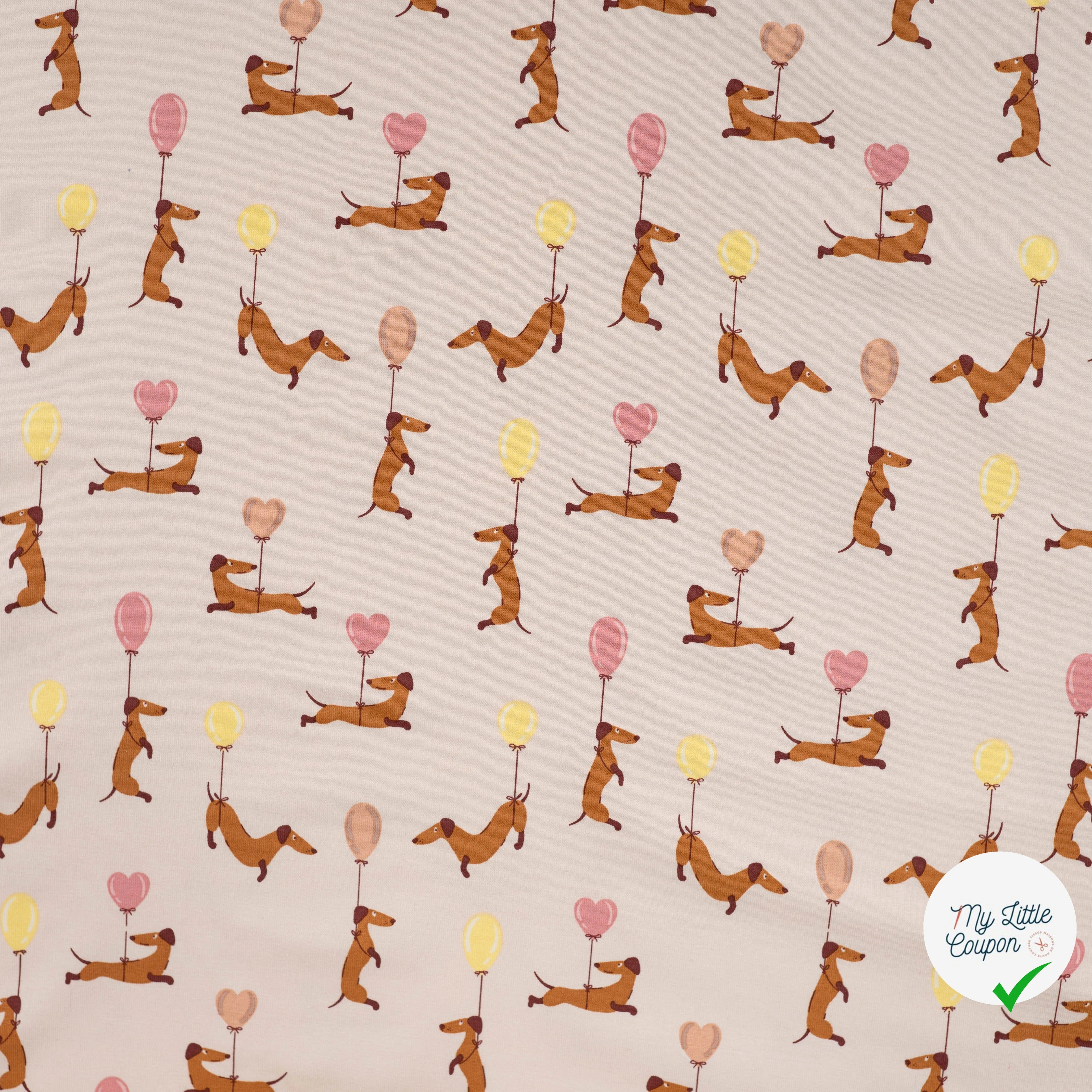 JERSEY DE COTON IMPRIMÉ TECKELS BALLONS FOND SABLE PLAGE - My Little Coupon