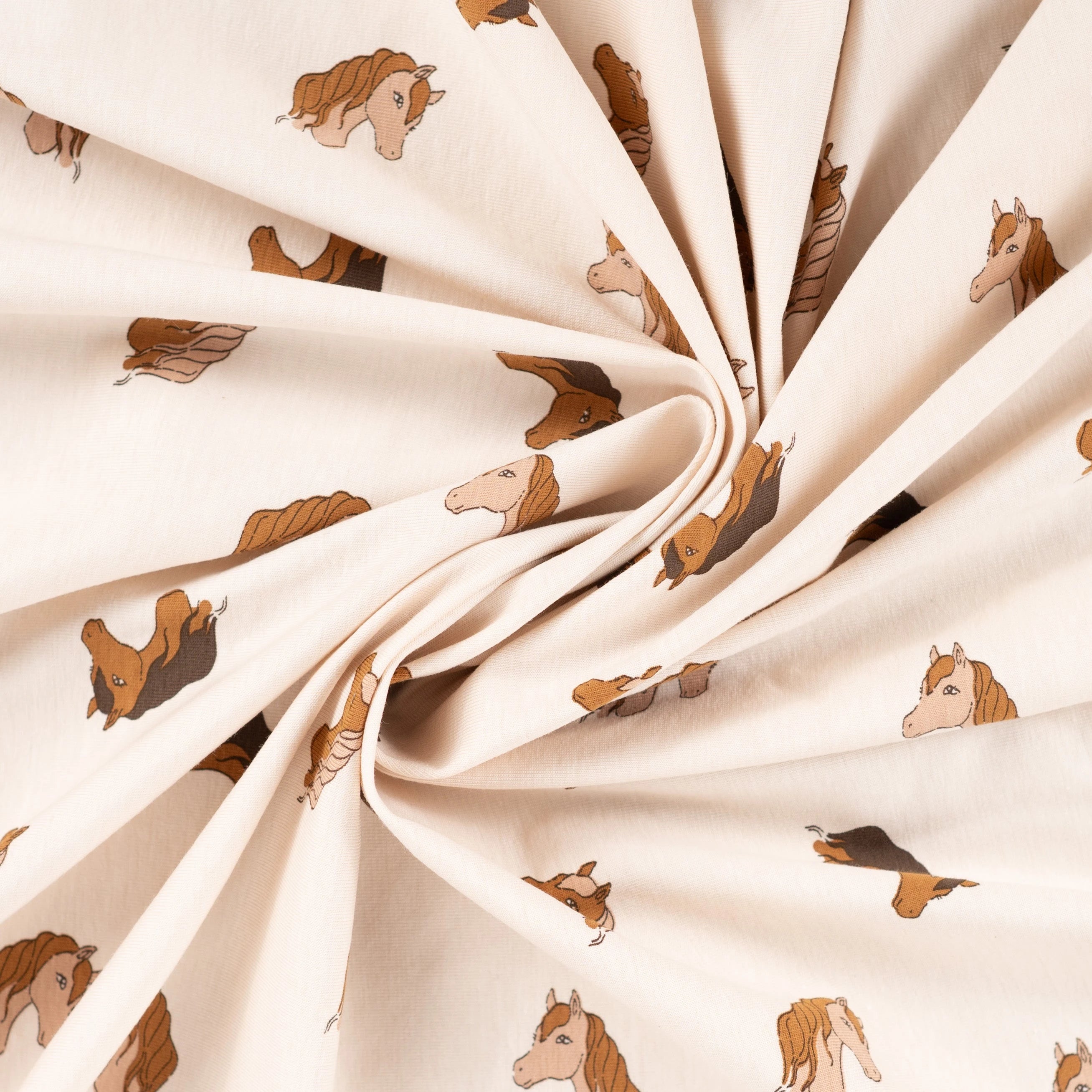 JERSEY DE COTON IMPRIMÉ TETE DE CHEVAUX FOND SABLE - My Little Coupon