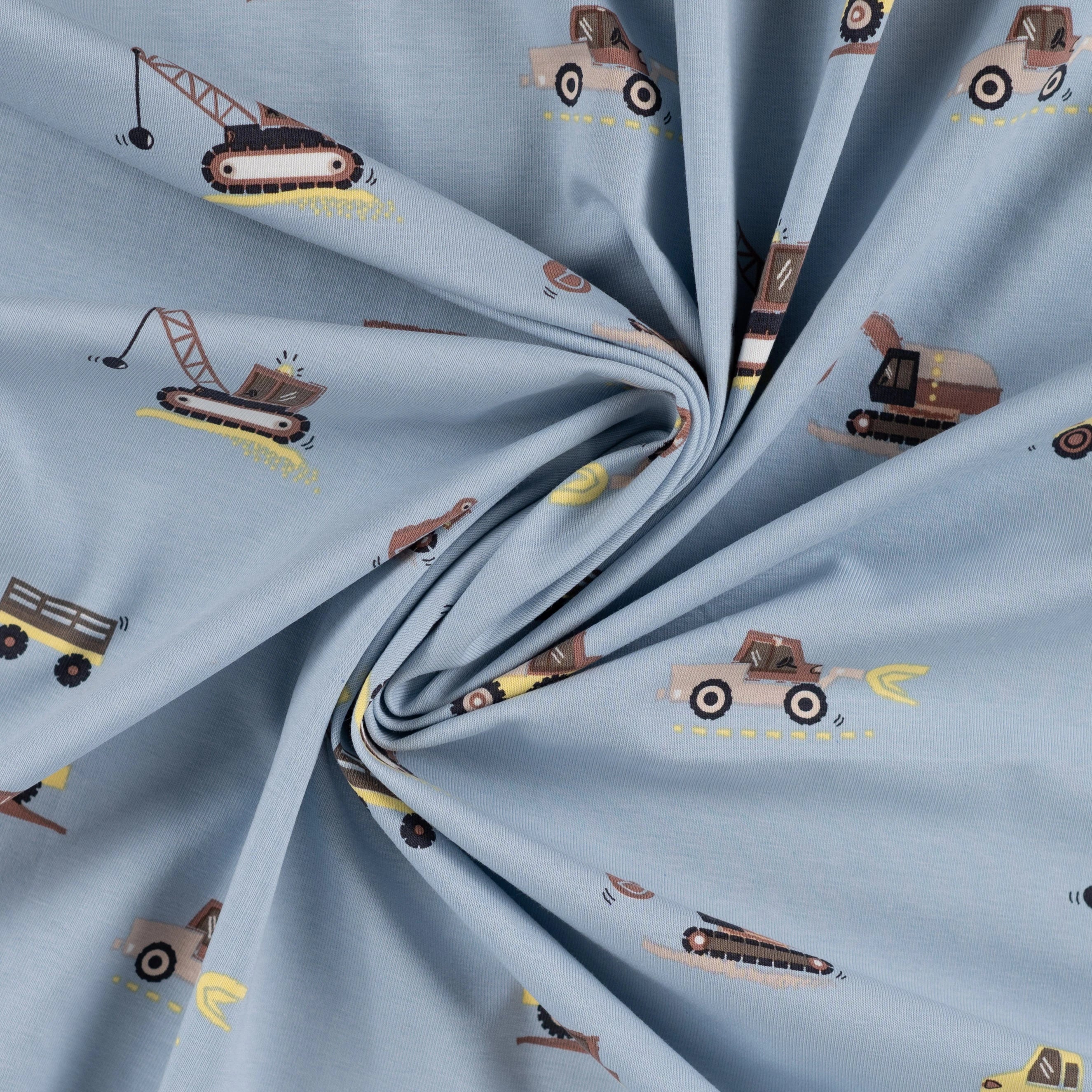 JERSEY DE COTON IMPRIMÉ VÉHICULES DE CHANTIER FOND BLEU GRISÉ - My Little Coupon