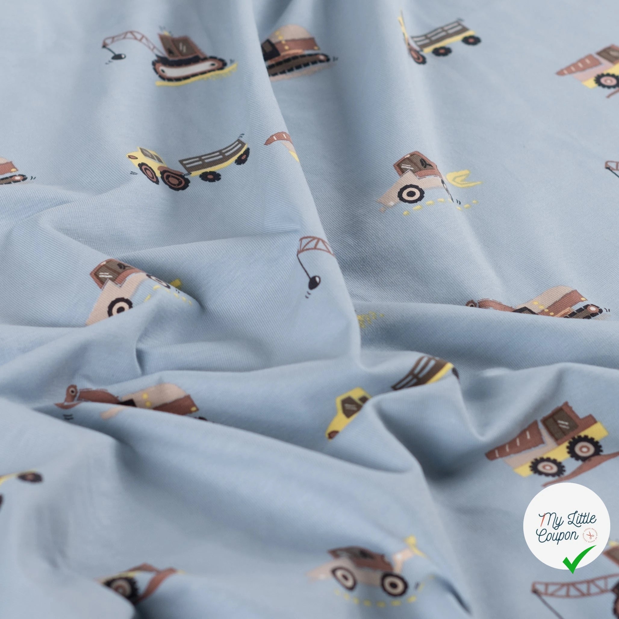 JERSEY DE COTON IMPRIMÉ VÉHICULES DE CHANTIER FOND BLEU GRISÉ - My Little Coupon
