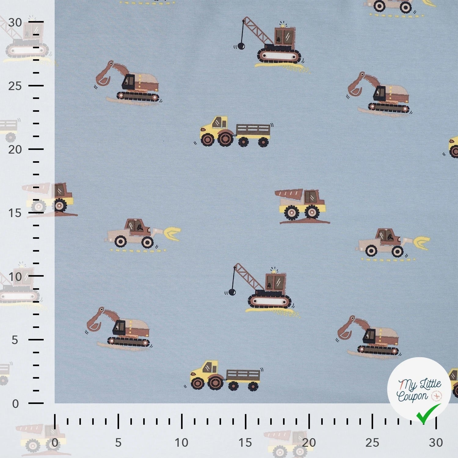 JERSEY DE COTON IMPRIMÉ VÉHICULES DE CHANTIER FOND BLEU GRISÉ - My Little Coupon