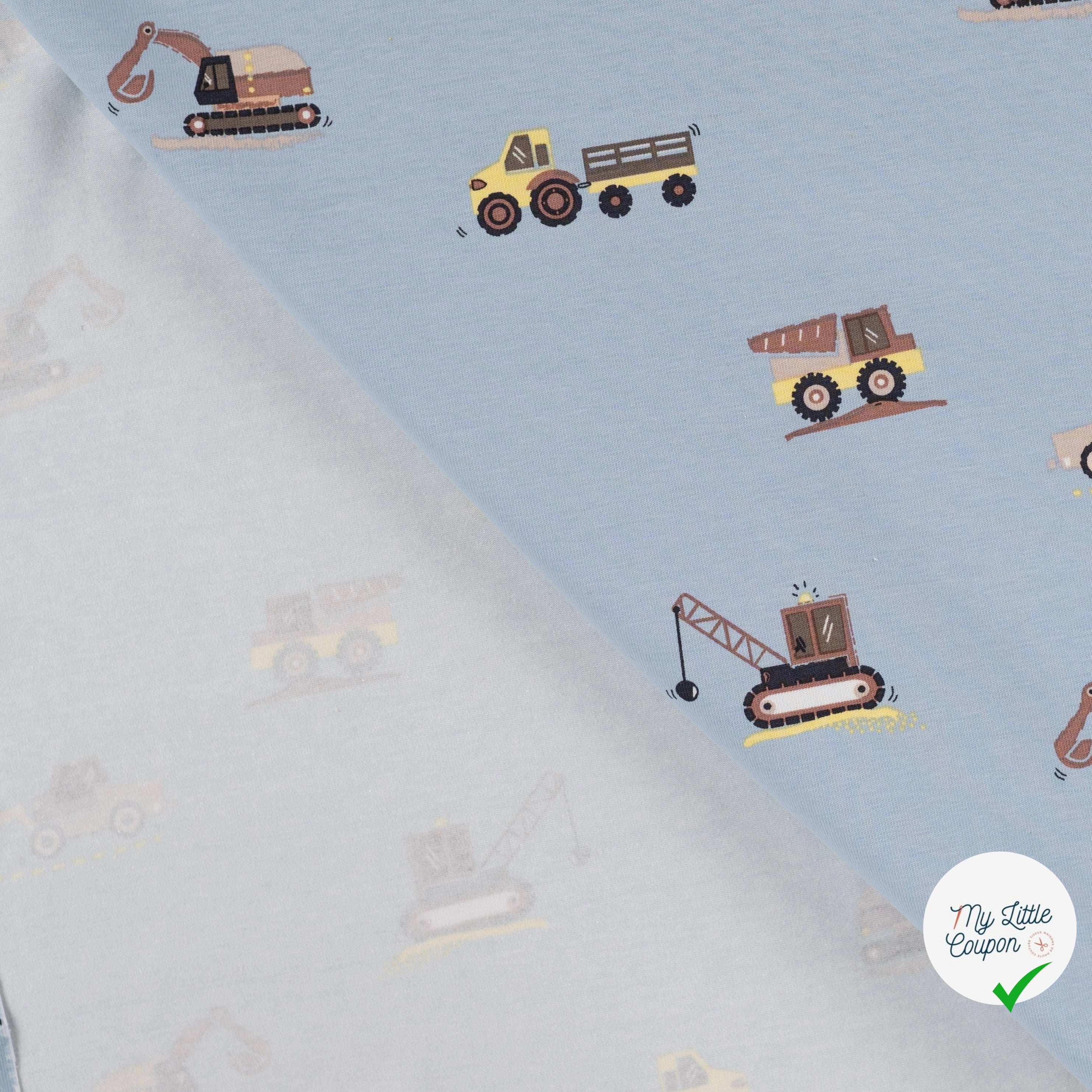 JERSEY DE COTON IMPRIMÉ VÉHICULES DE CHANTIER FOND BLEU GRISÉ - My Little Coupon