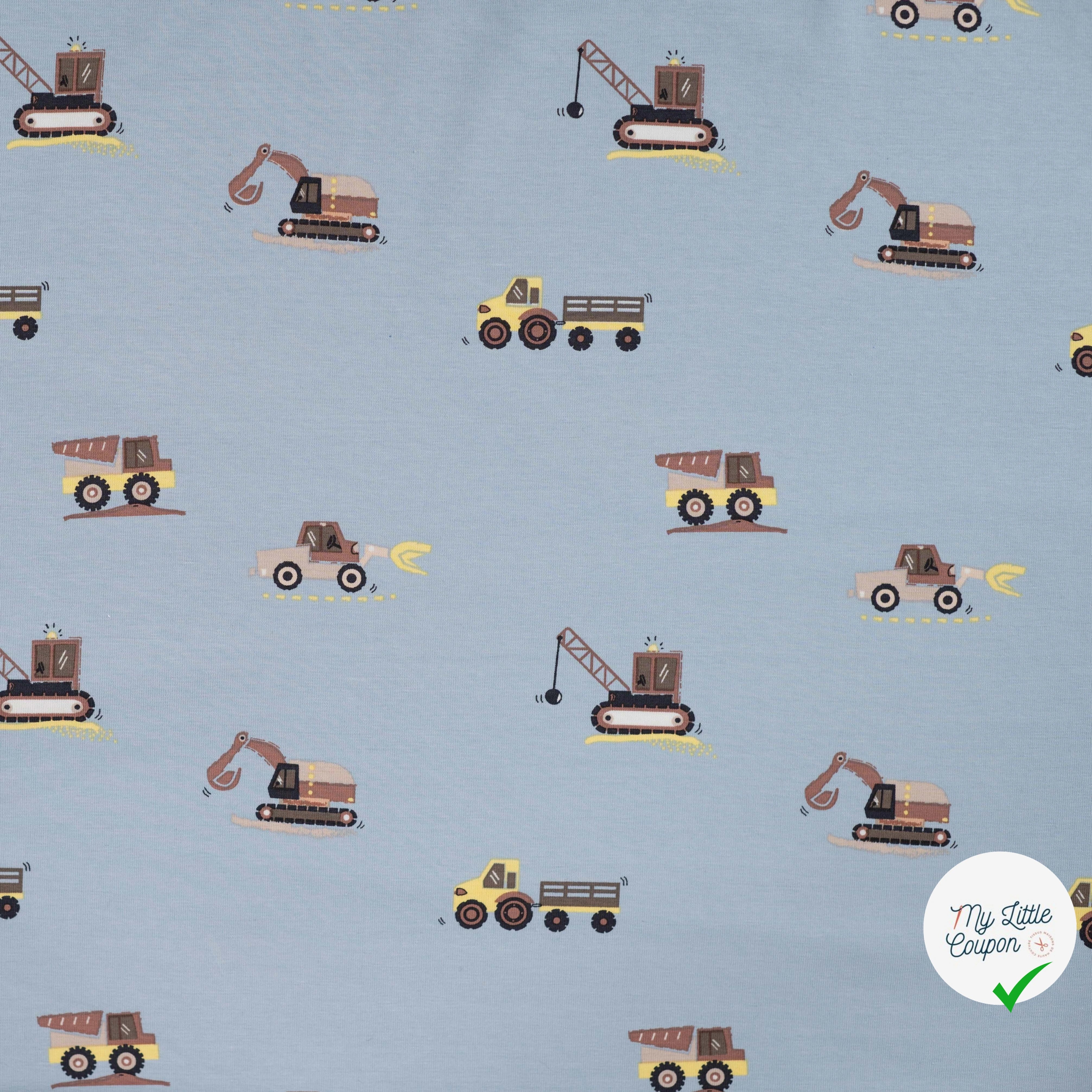 JERSEY DE COTON IMPRIMÉ VÉHICULES DE CHANTIER FOND BLEU GRISÉ - My Little Coupon