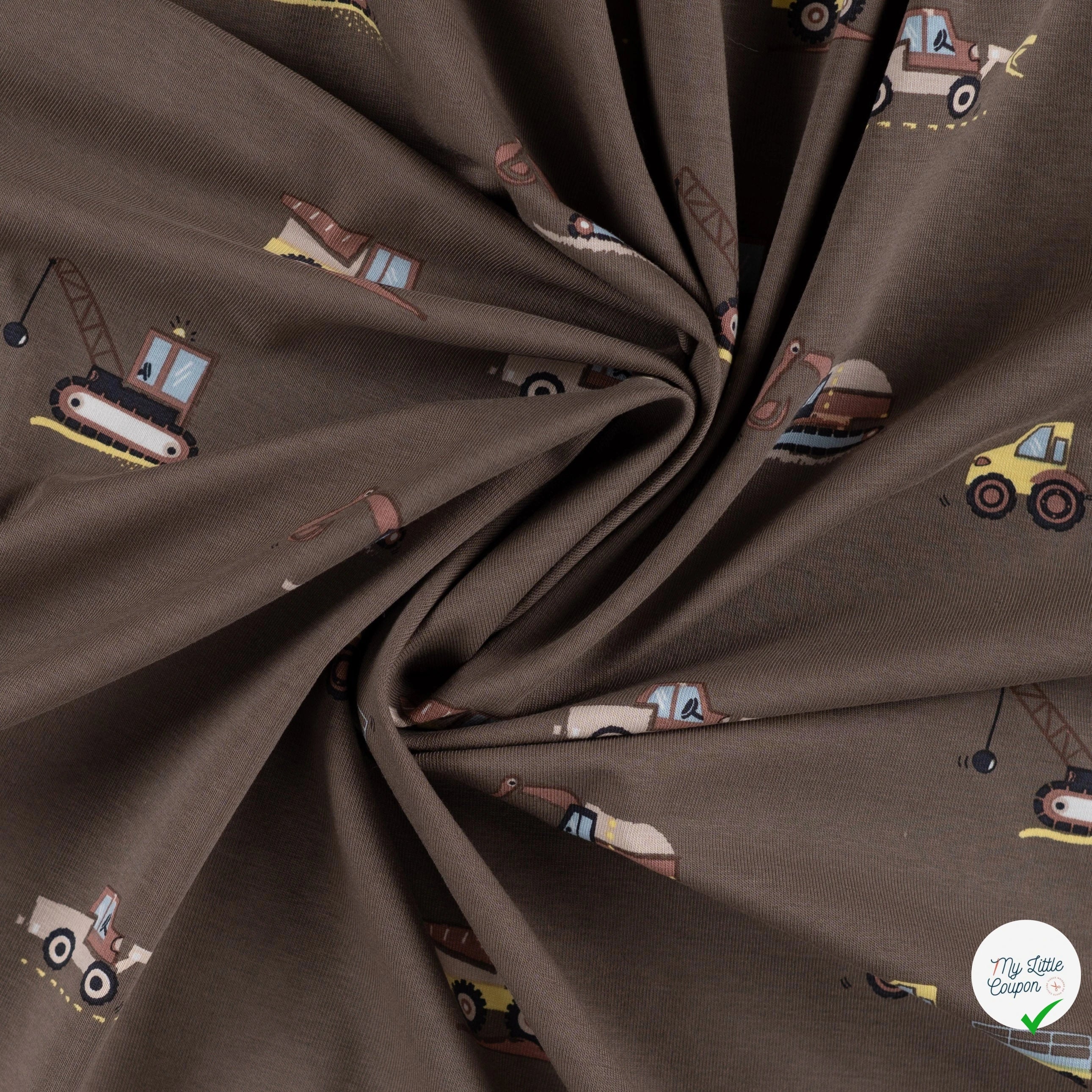 JERSEY DE COTON IMPRIMÉ VÉHICULES DE CHANTIER FOND TAUPE - My Little Coupon
