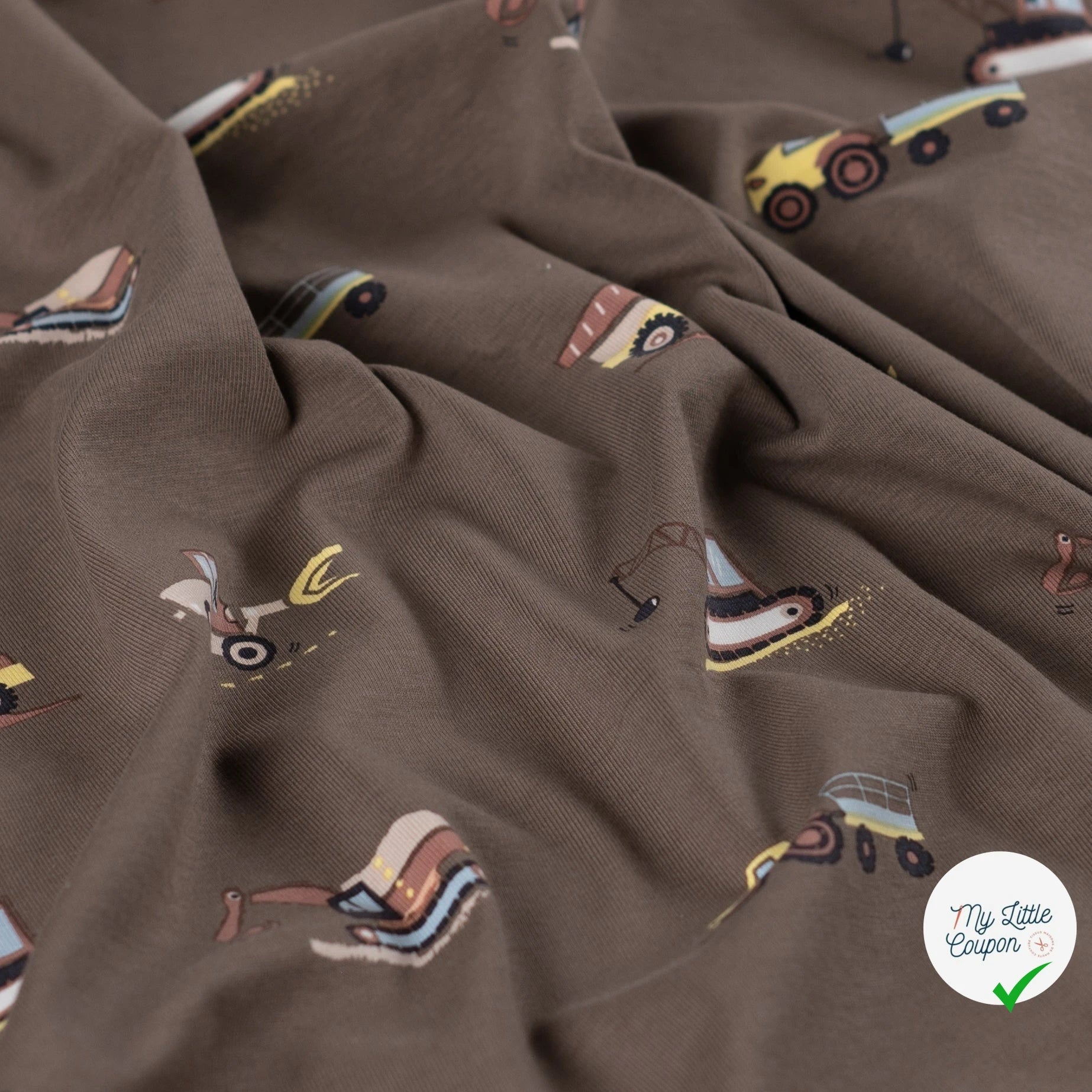 JERSEY DE COTON IMPRIMÉ VÉHICULES DE CHANTIER FOND TAUPE - My Little Coupon