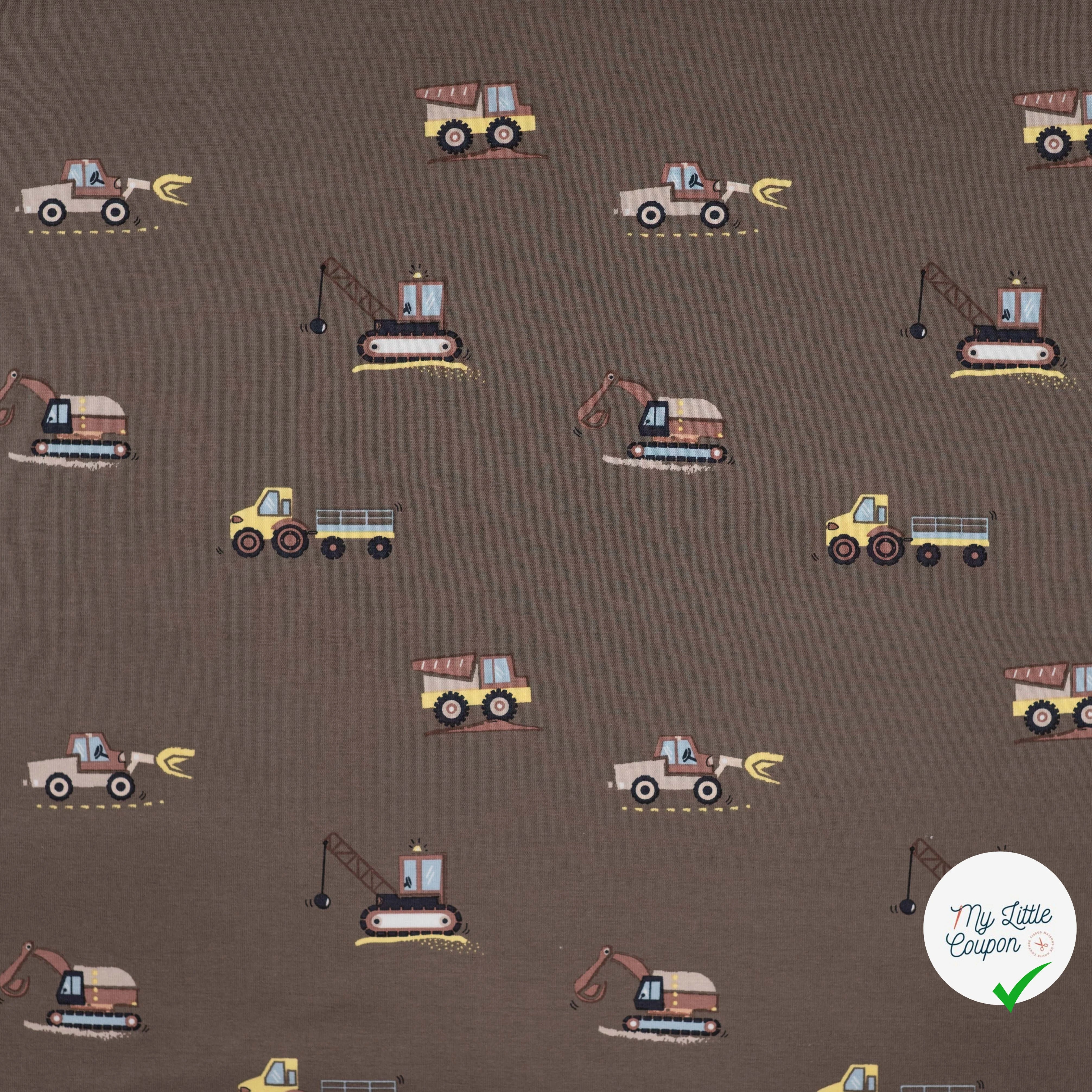 JERSEY DE COTON IMPRIMÉ VÉHICULES DE CHANTIER FOND TAUPE - My Little Coupon