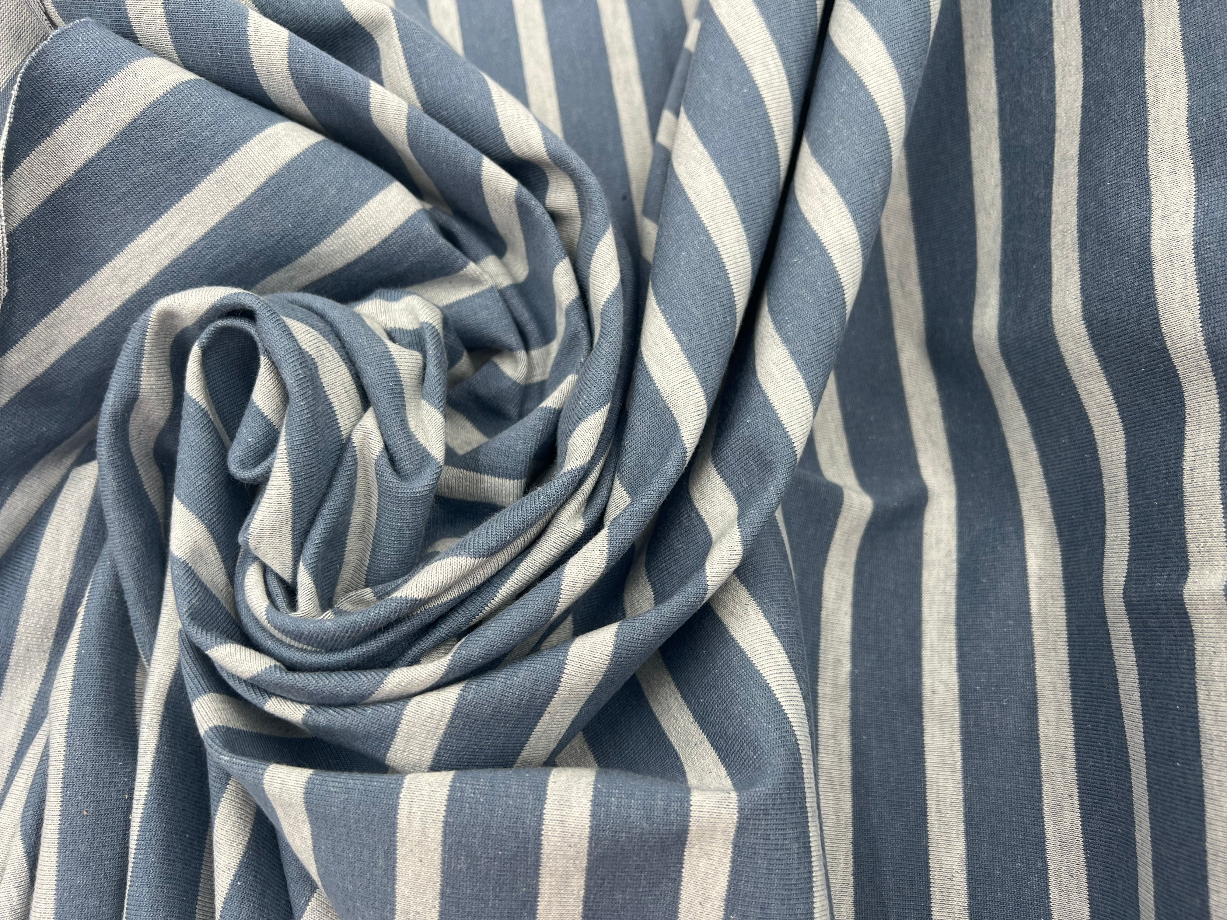 JERSEY DE COTON LOURD RAYURES BLANC FOND GRIS BLEU MSO
