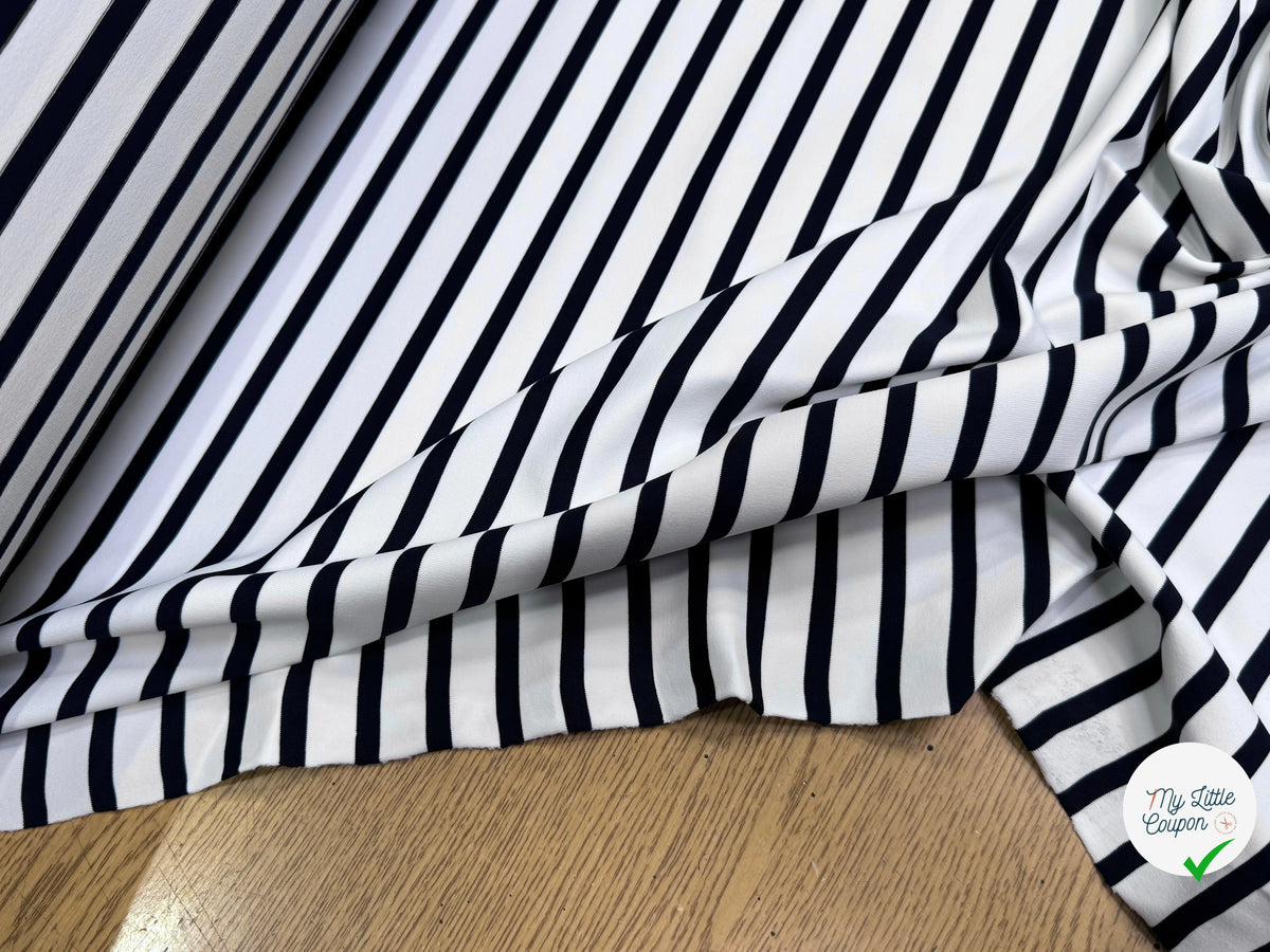 JERSEY DE COTON PEAU DE PÊCHE ULTRA STRETCH RAYURES BLANC ET NAVY FABRICATION RÉGION DE TROYES 🇫🇷 - My Little Coupon