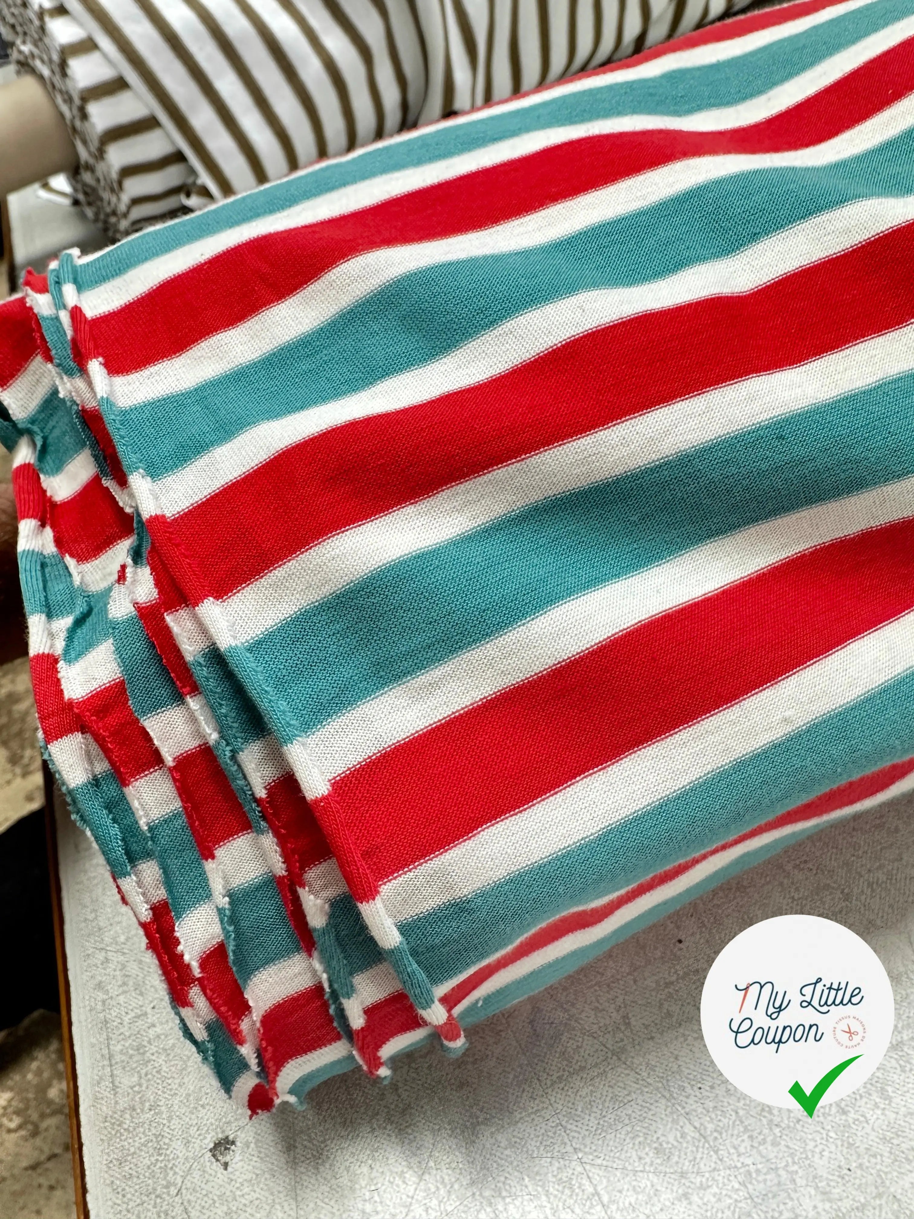 JERSEY DE COTON RAYURES BLEU VERT BLANC ET ROUGE - My Little Coupon - tissu - coudre