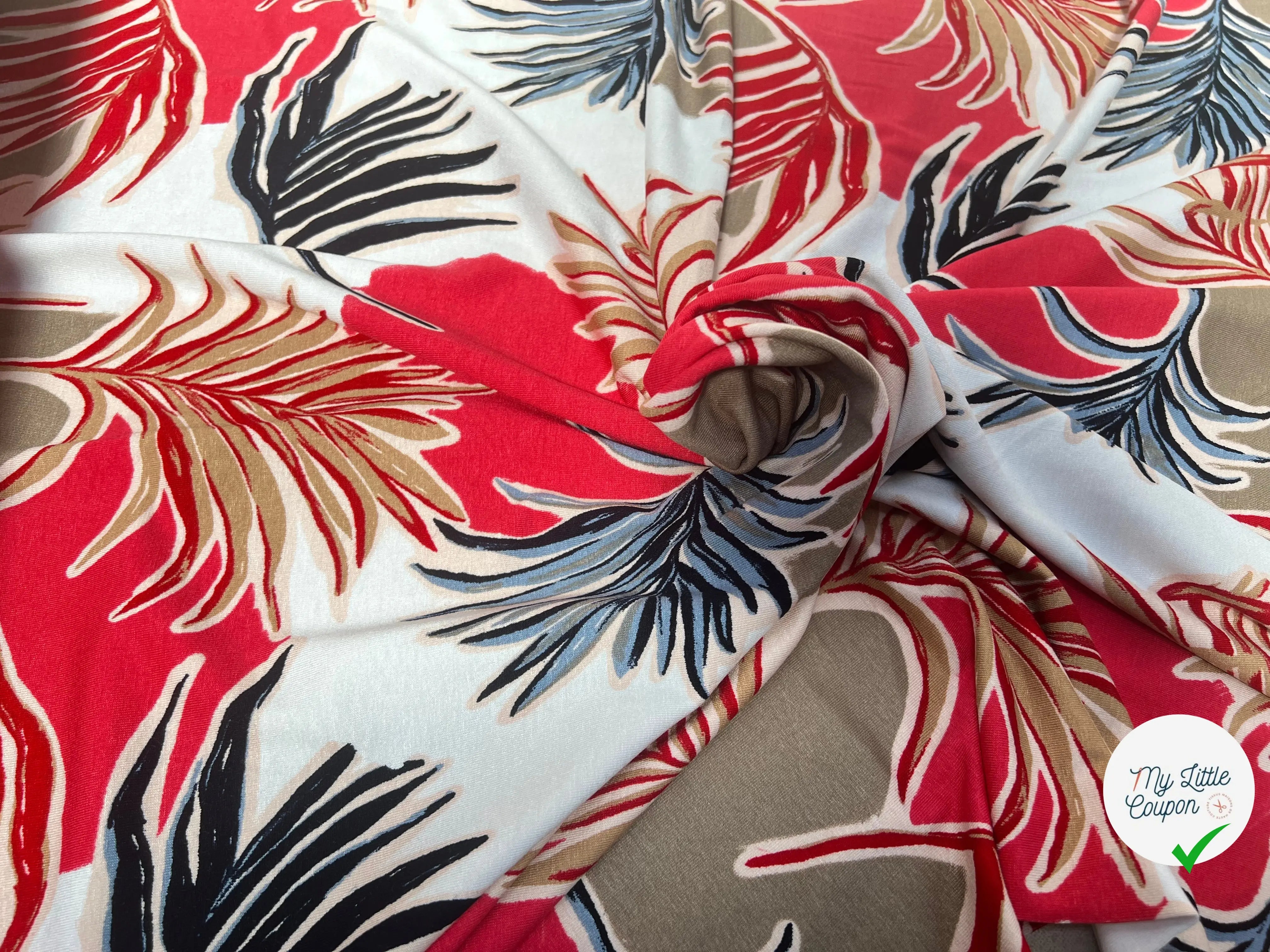 JERSEY DE VISCOSE TISSU IMPRIMÉ ABSTRAIT CORAL - My Little Coupon