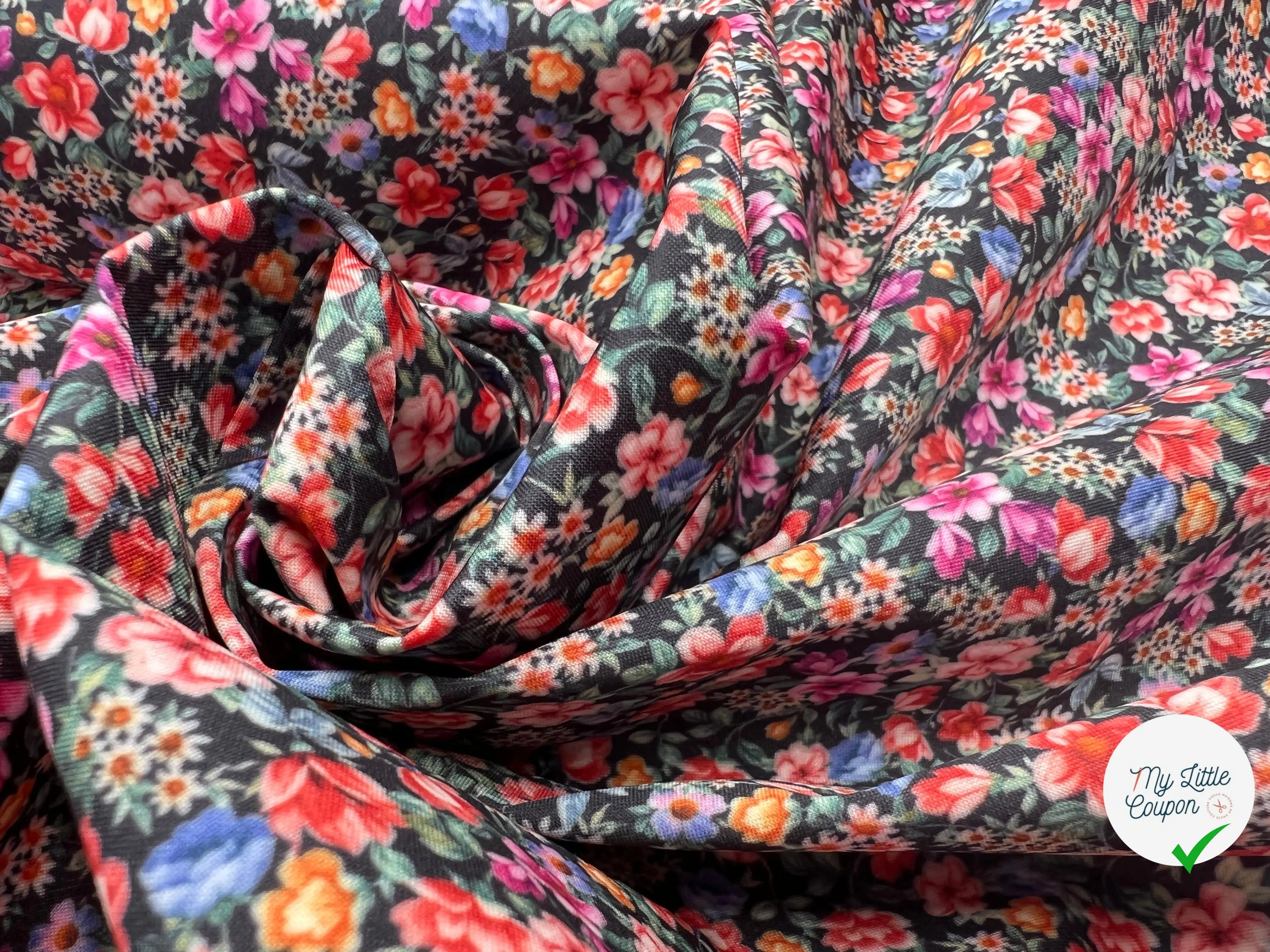 JERSEY STRETCH PETITES FLEURS MIGNONETTES FOND NOIR - My Little Coupon - tissu - coudre