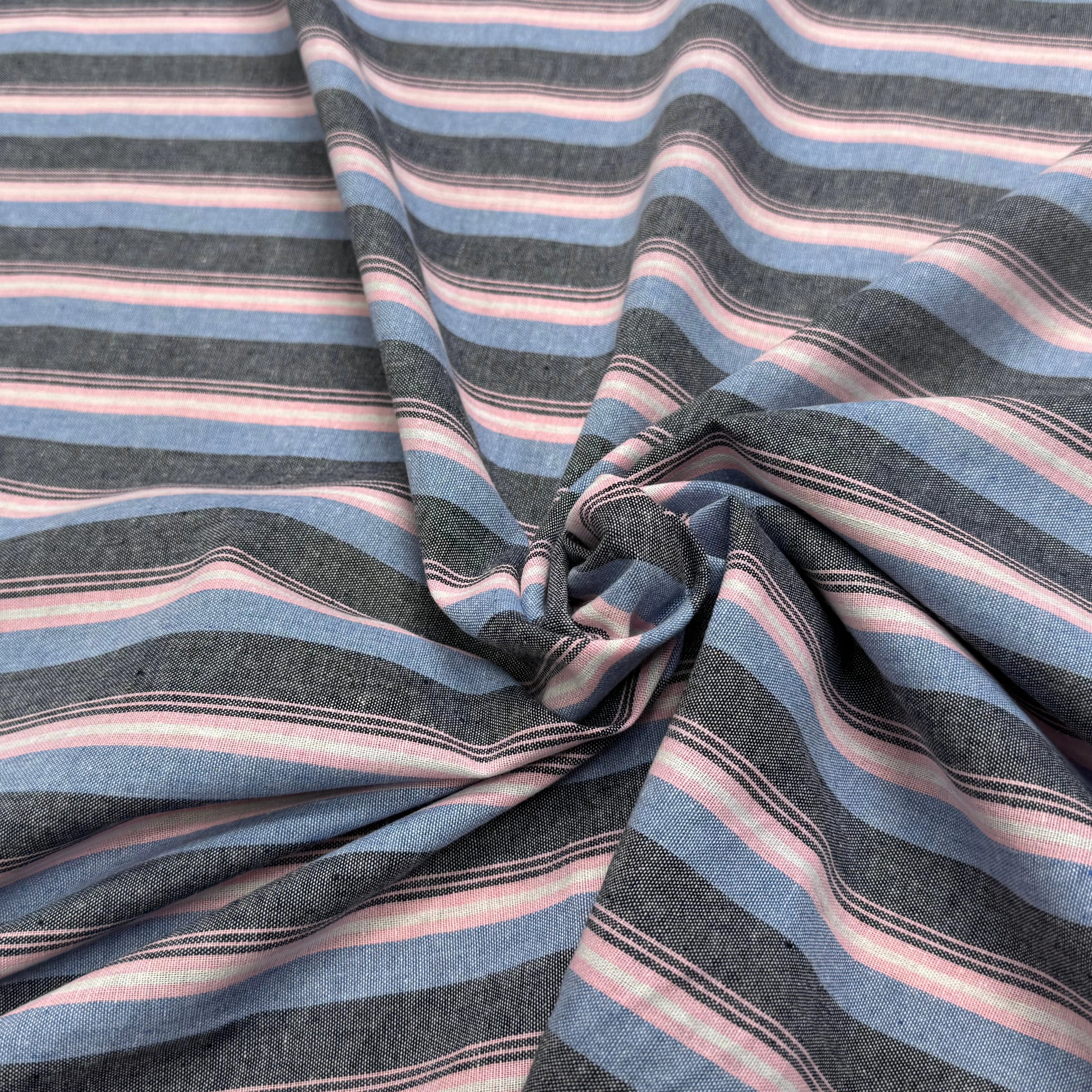 LIN VISCOSE RAYURES BLEUES ROSE ASPECT OXFORD - My Little Coupon