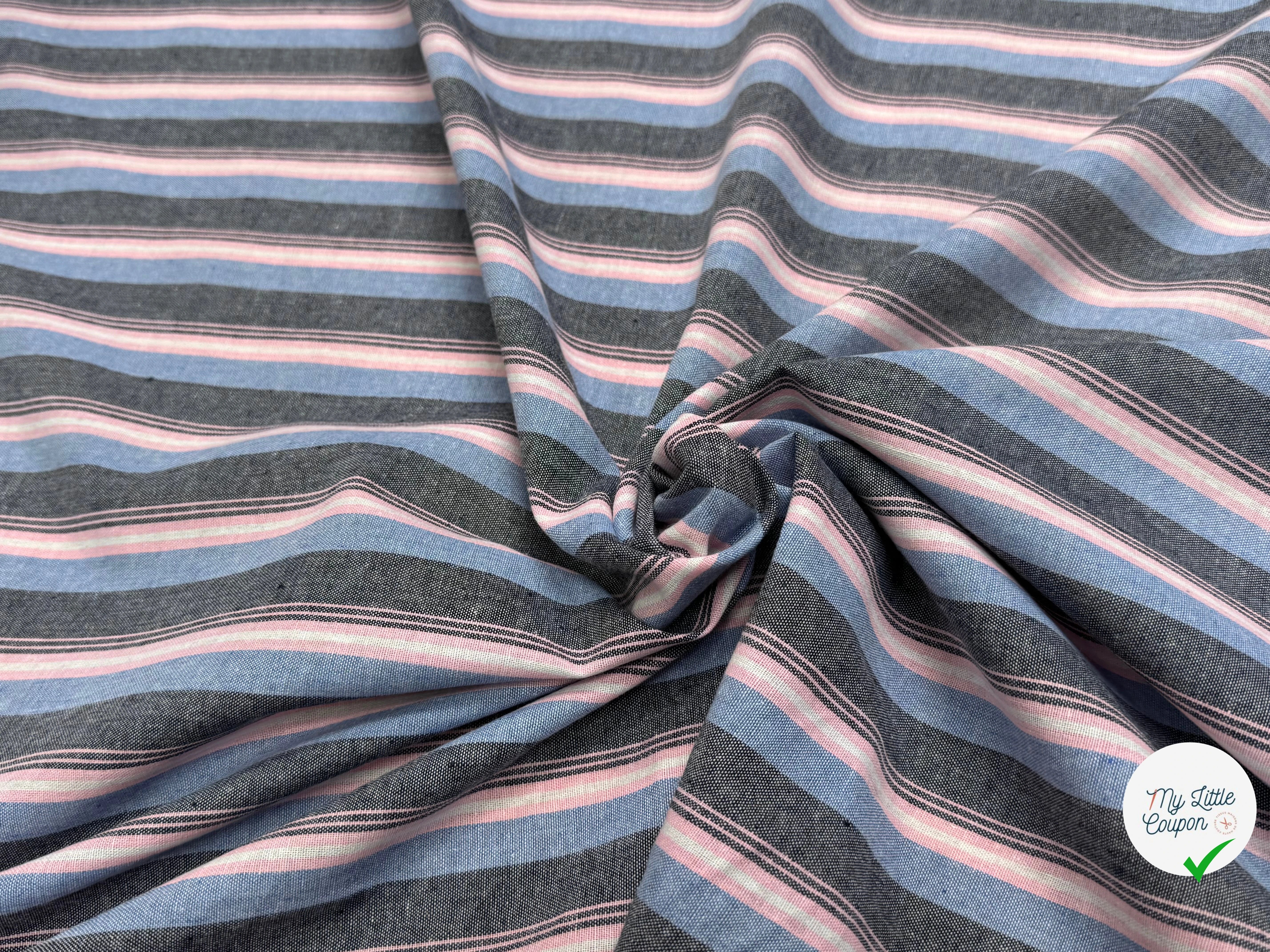 LIN VISCOSE RAYURES BLEUES ROSE ASPECT OXFORD - My Little Coupon