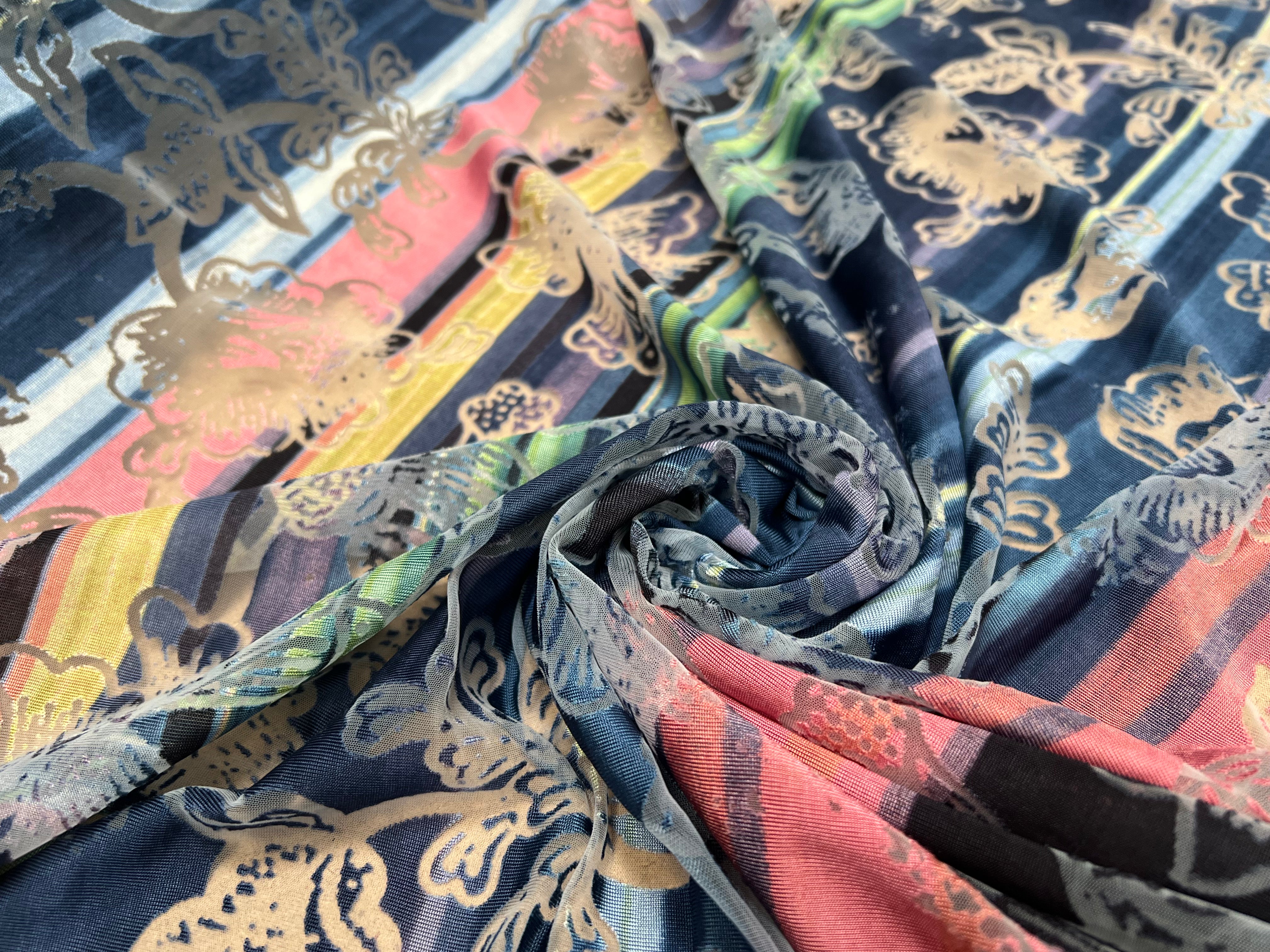 MAILLE DEVORÉE DE FLEURS RAYÉE FOND ROSE BLEU - My Little Coupon