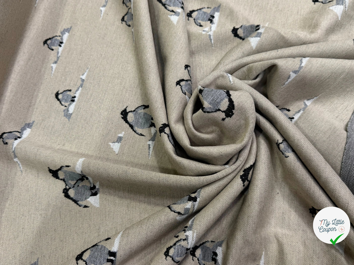 MAILLE DOUBLE FACE IMPRIMÉ PINGOUINS GRIS FOND BEIGE CRÈME - My Little Coupon
