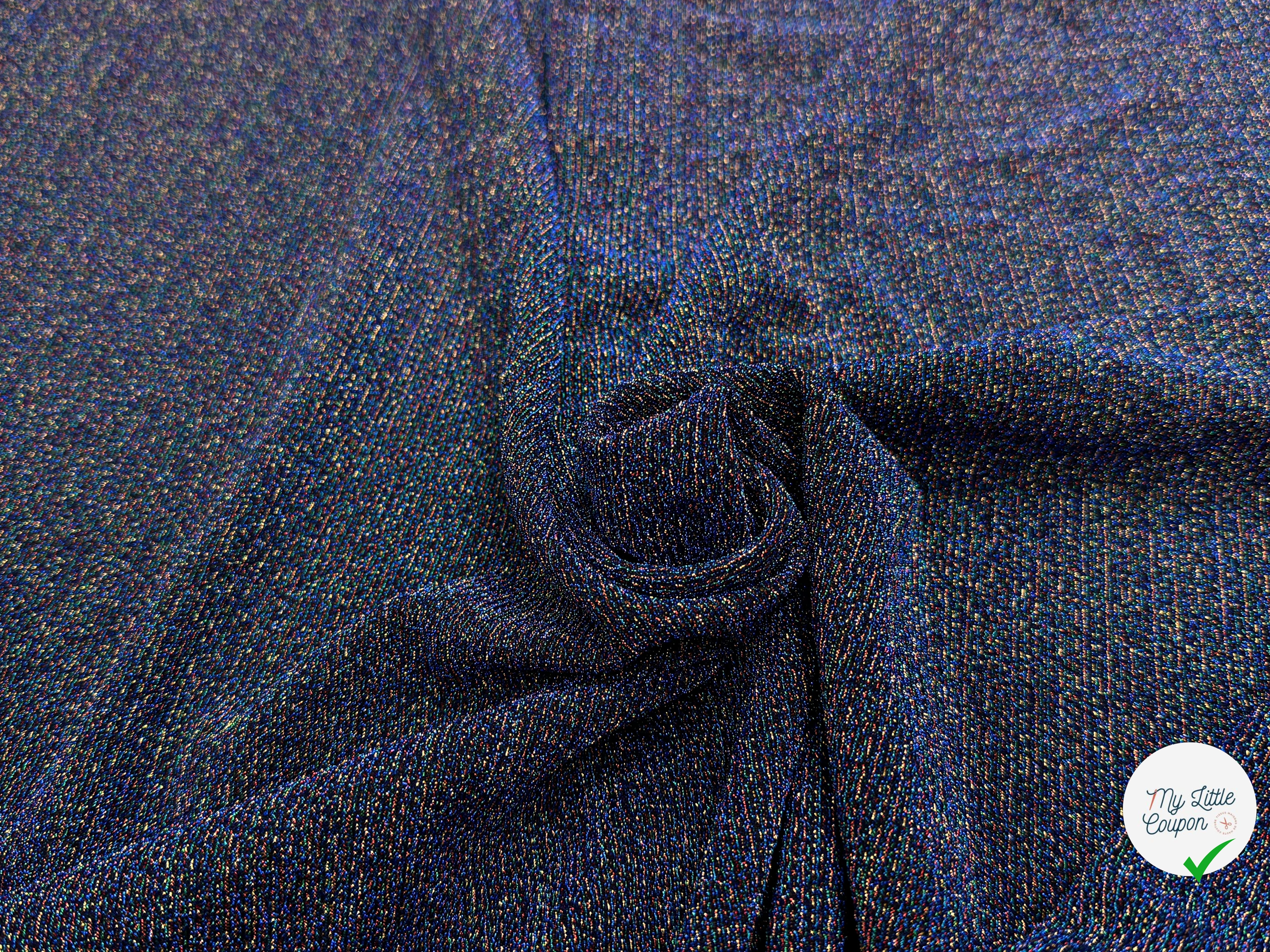 MAILLE FÊTE ULTRA STRETCH BRILLANT POLY MULTICOL INTERLOCK BLEU - My Little Coupon